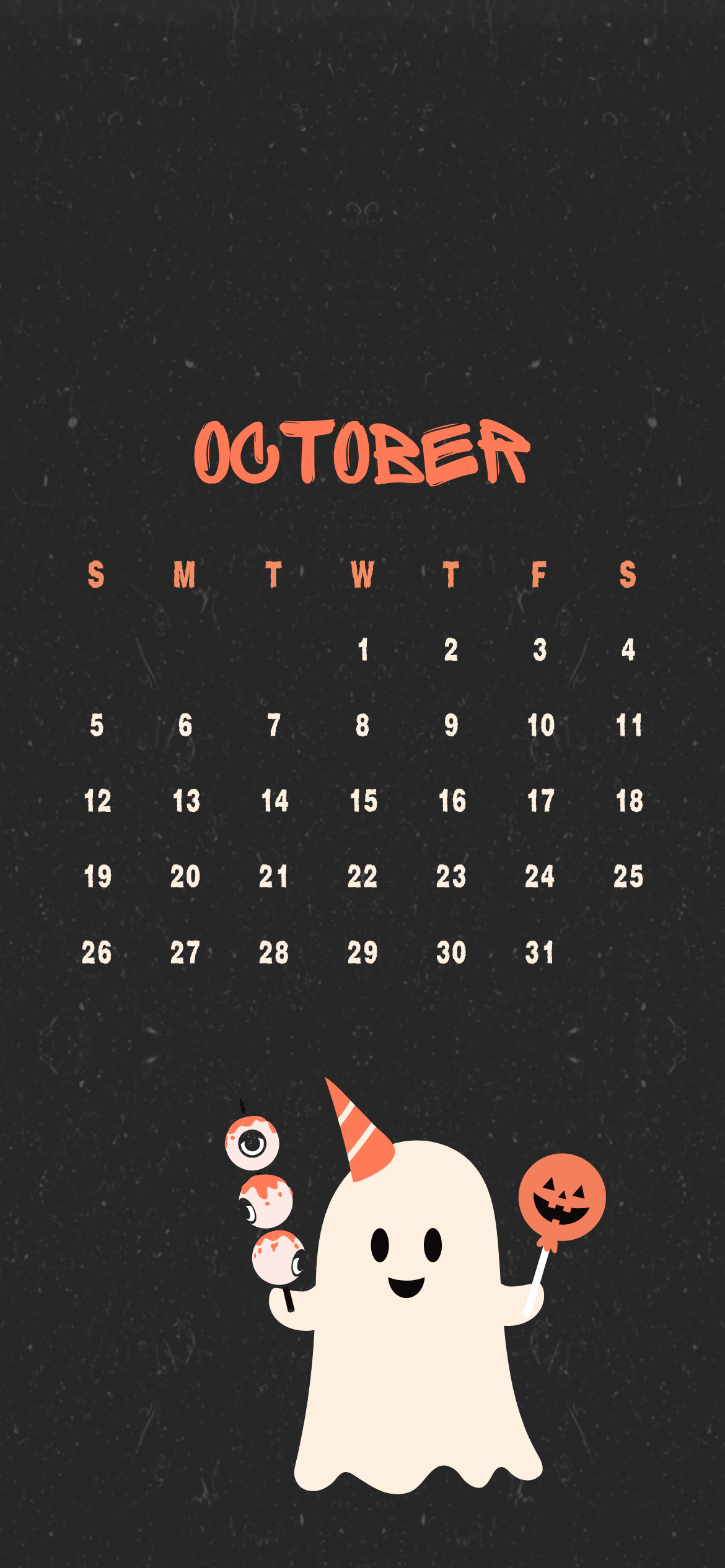 October 2025 iPhone calendar background with cute ghost holding jack-o’-lantern and eyeball skewers on black background – free Halloween iPhone wallpaper