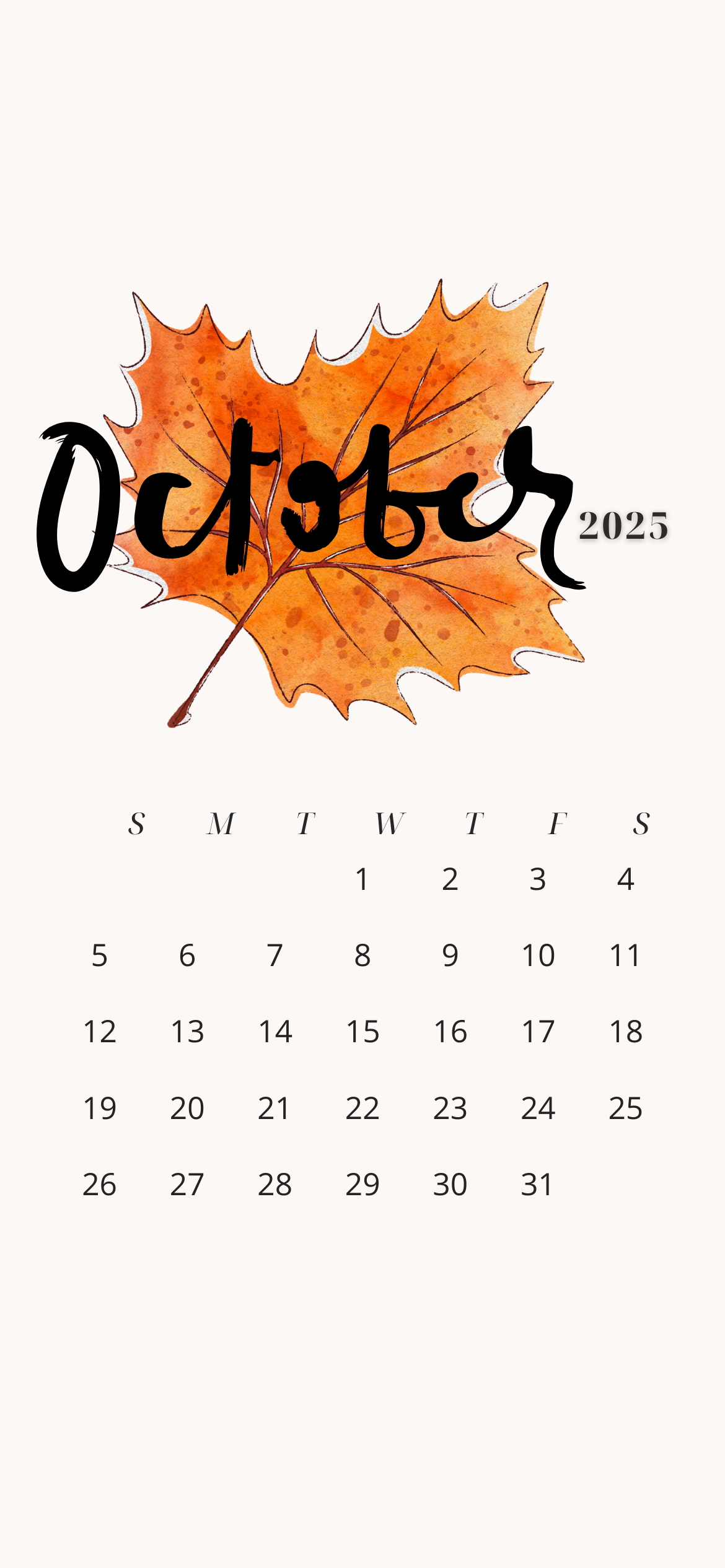 October 2025 iPhone calendar wallpaper with watercolor orange leaf and modern calligraphy text – free cozy fall aesthetic iPhone background
