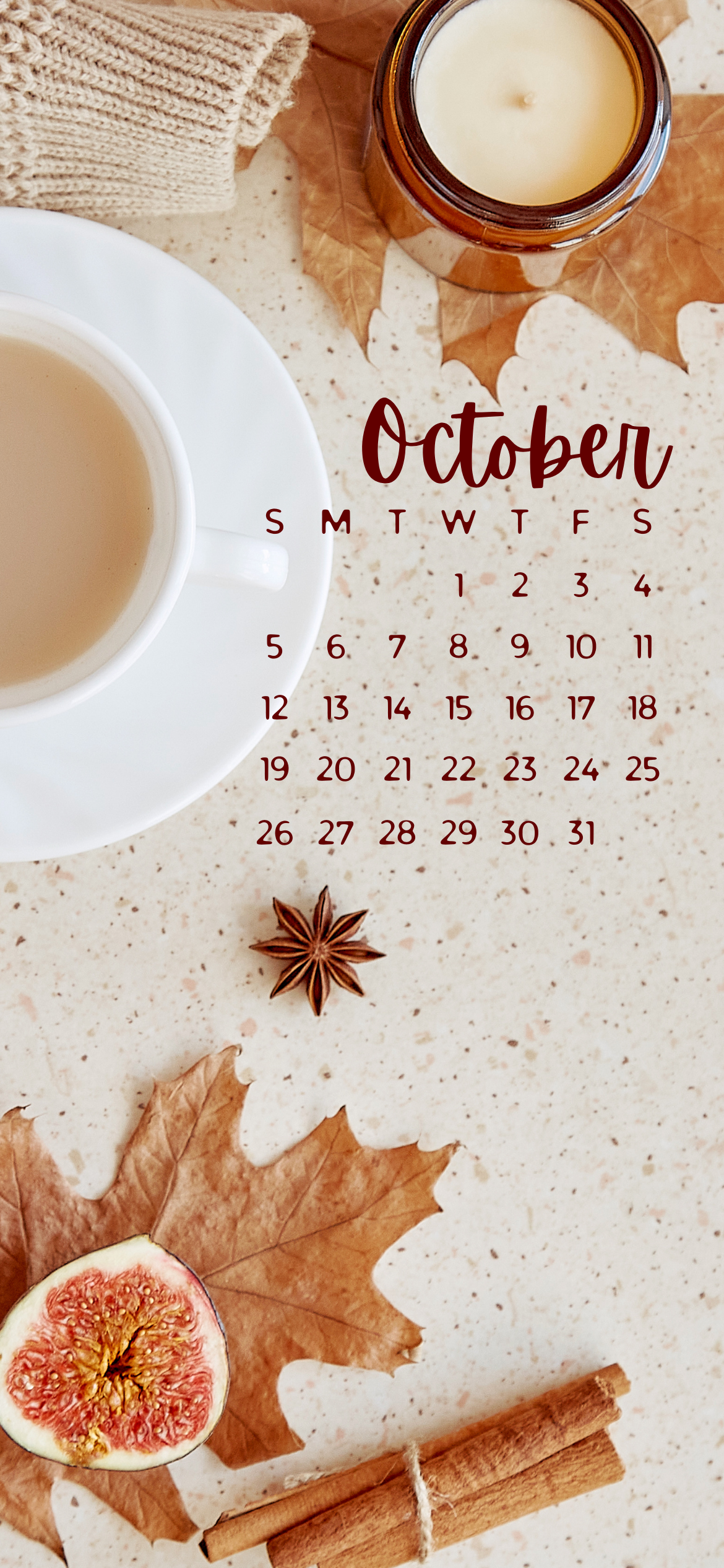 October 2025 iPhone calendar wallpaper with cozy coffee cup, autumn leaves, fig, cinnamon sticks, and candle – free fall iPhone background