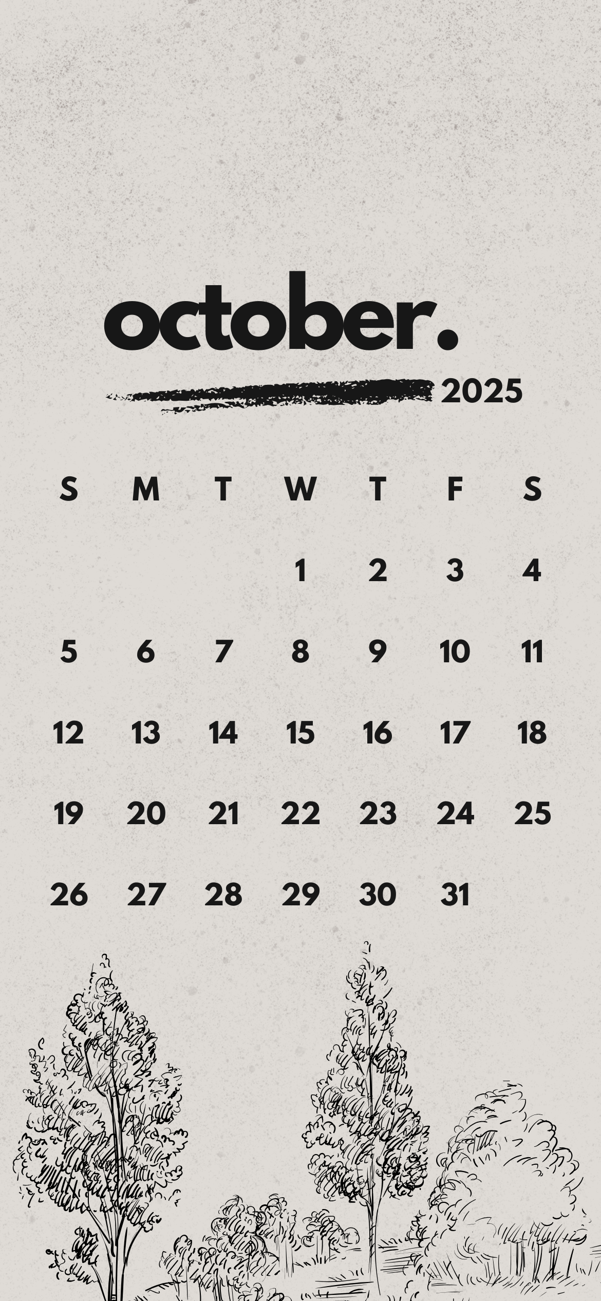 October 2025 iPhone calendar wallpaper with minimal black line art trees on white textured background – free minimalist iPhone wallpaper