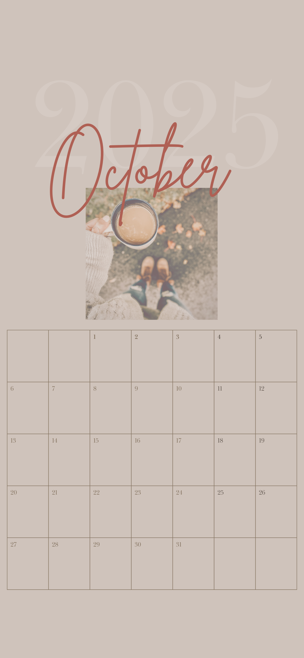 October 2025 iPhone calendar wallpaper with neutral beige background, cozy sweater, fall leaves, and warm coffee cup – free fall aesthetic iPhone background