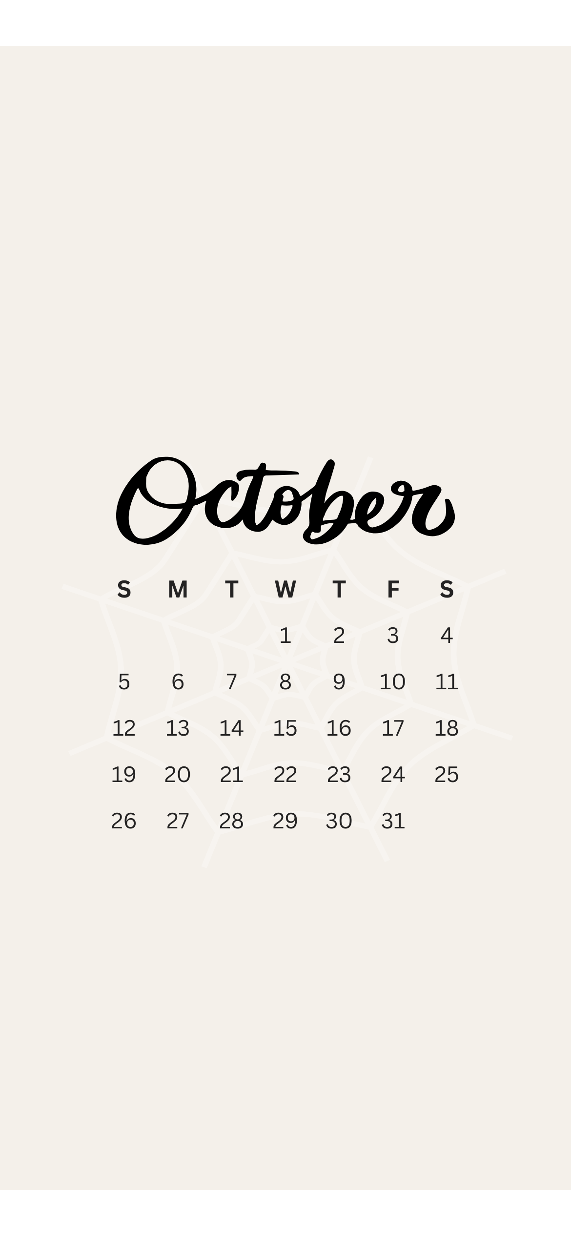 Minimal October 2025 iPhone calendar wallpaper with simple black text and subtle spiderweb background – free aesthetic Halloween iPhone background