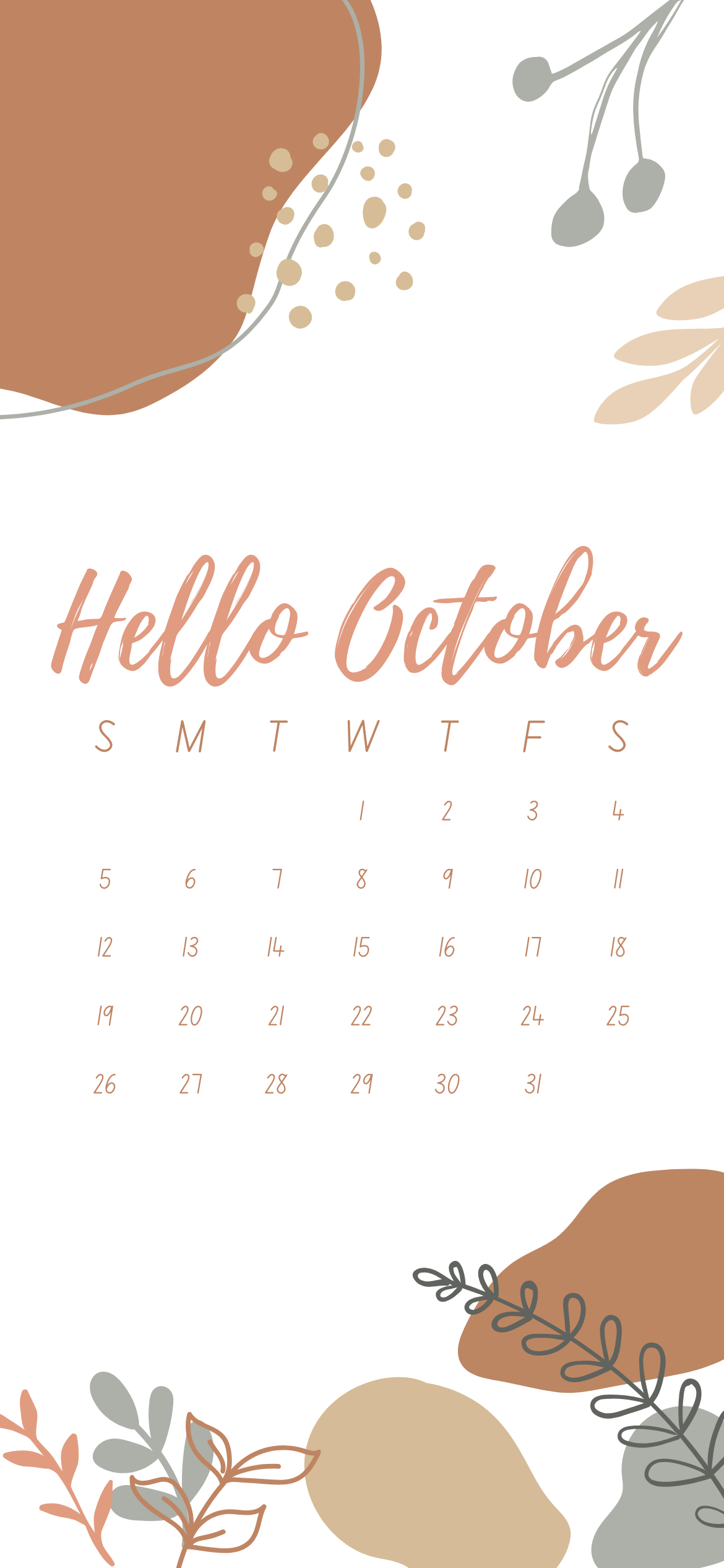 Hello October 2025 iPhone calendar wallpaper with neutral abstract shapes, fall leaves, and minimalist design – free aesthetic iPhone background