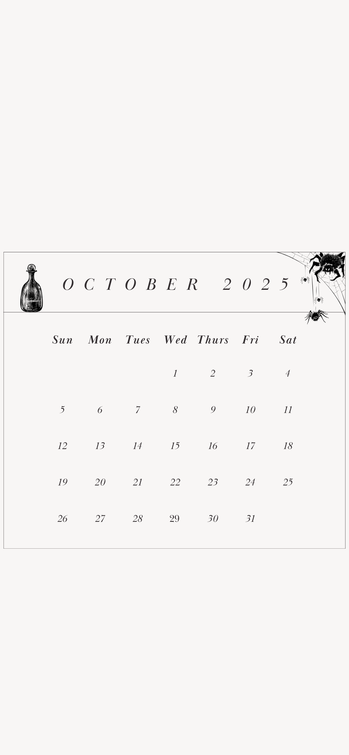 October 2025 iPhone calendar wallpaper with vintage gothic design, potion bottle illustration, and spider in web – free Halloween aesthetic iPhone background