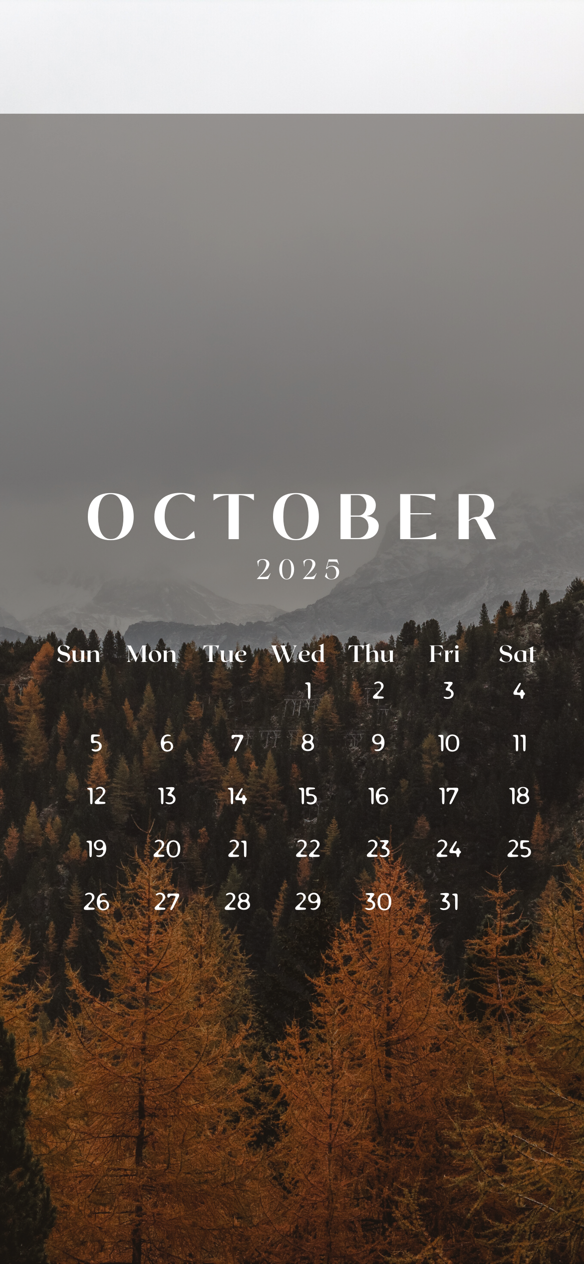 October 2025 iPhone calendar wallpaper with misty mountains, dark forest, and autumn trees – free moody fall iPhone background