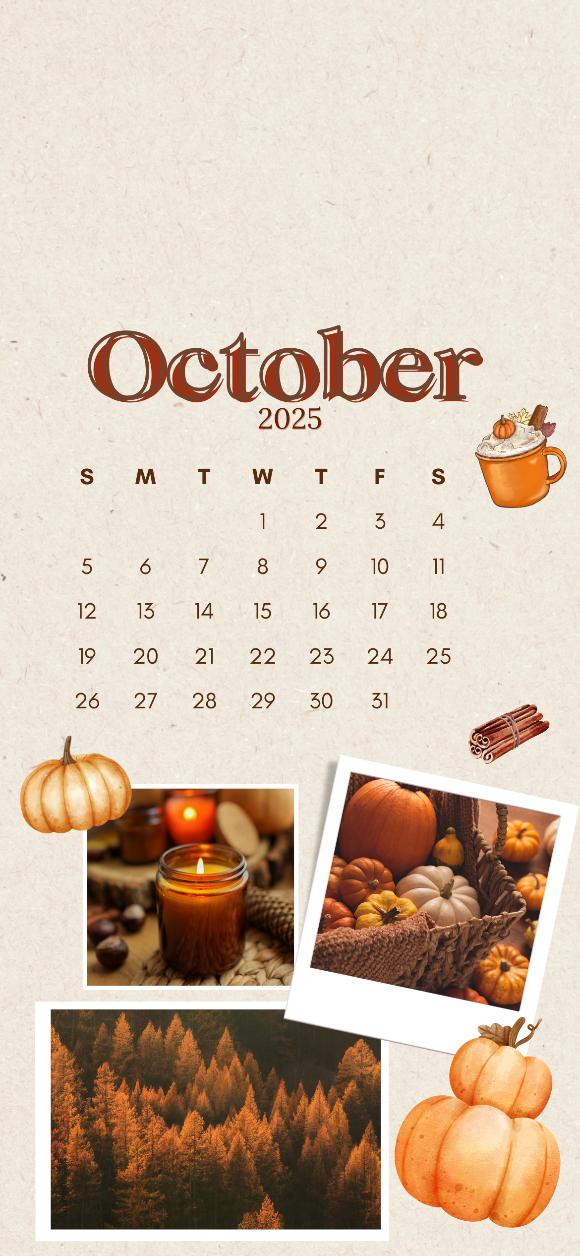 October 2025 iPhone calendar wallpaper with pumpkin spice latte, fall candles, pumpkins, cinnamon sticks, and cozy autumn collage – free October iPhone background