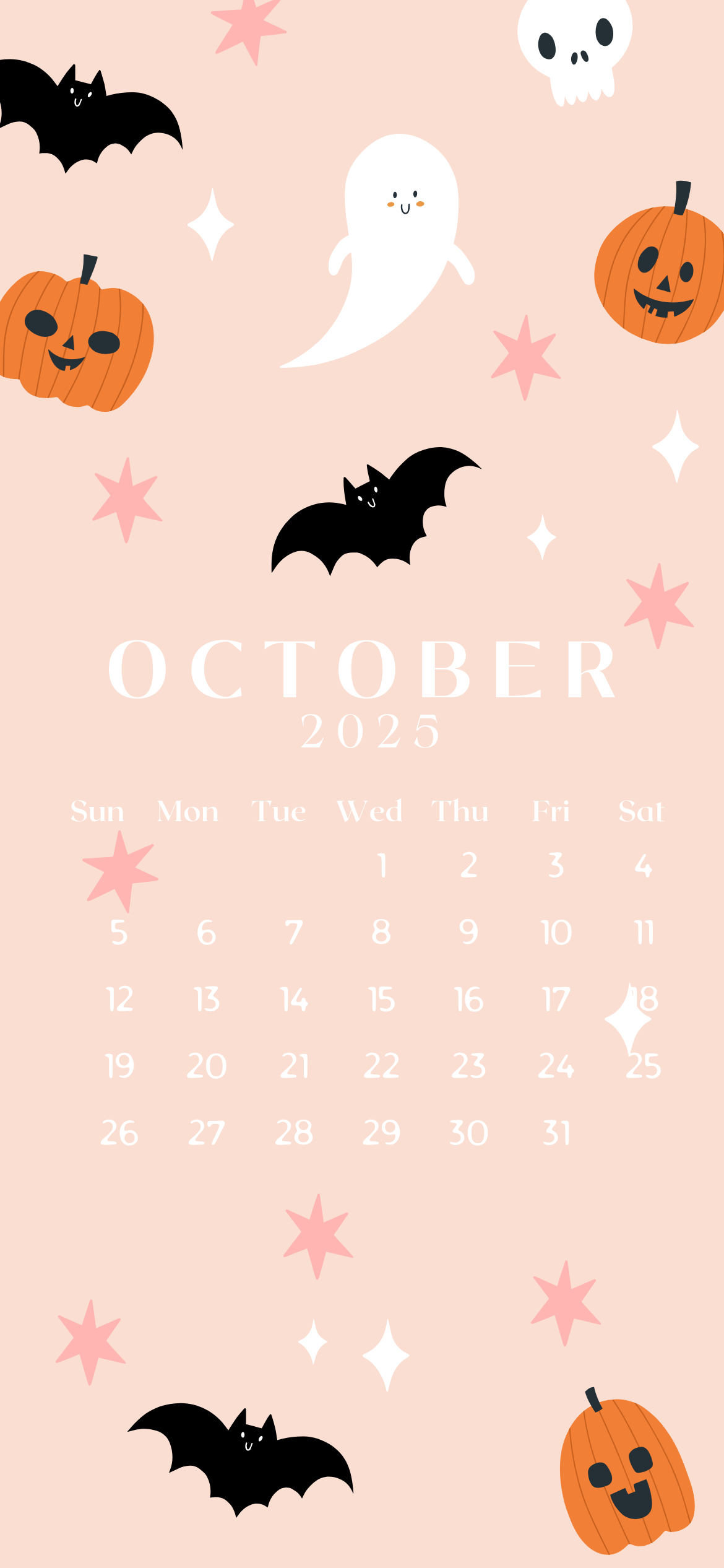 October 2025 iPhone calendar wallpaper with cute pastel Halloween theme, featuring pumpkins, bats, ghosts, stars, and a soft pink background – free kawaii October iPhone background