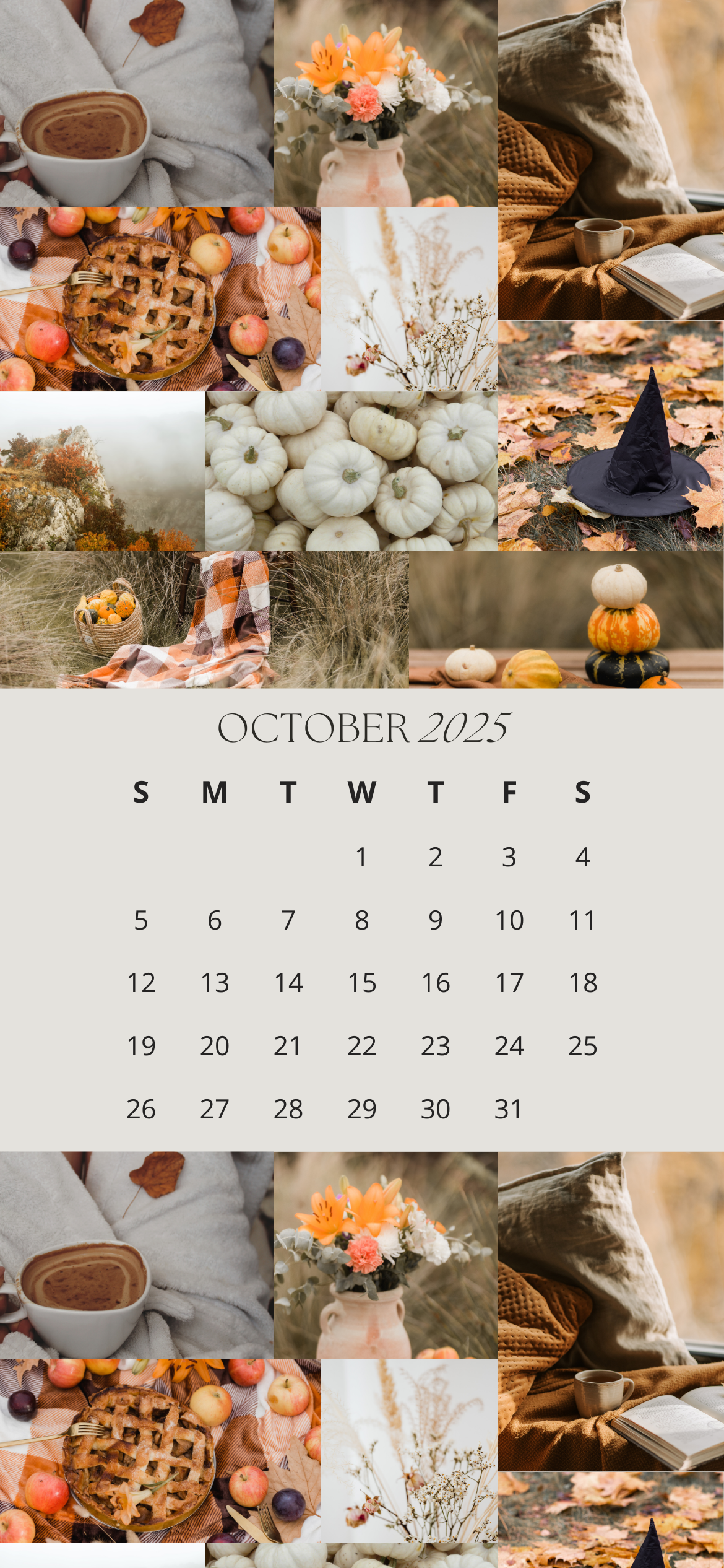 October 2025 iPhone calendar background with cozy fall collage of pumpkins, apple pie, coffee, autumn leaves, blankets, and witch hat – free aesthetic iPhone wallpaper