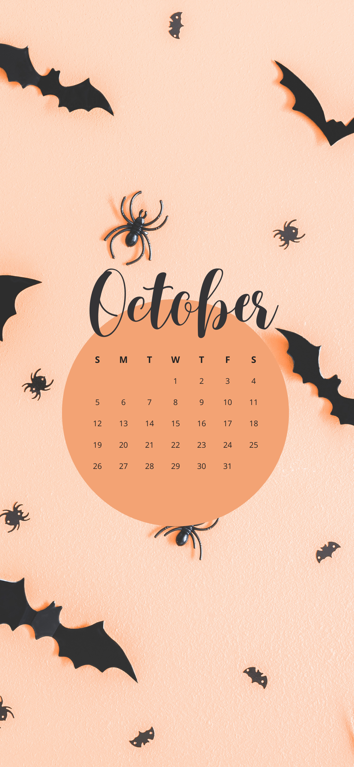 October 2025 iPhone calendar background with black bats and spiders on orange wall – free spooky Halloween iPhone wallpaper