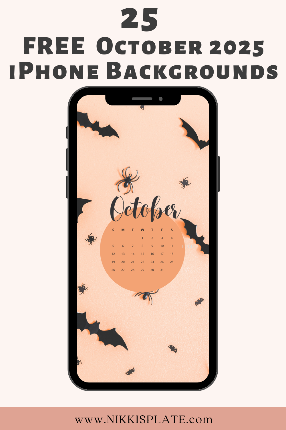 25 Free October 2025 iPhone Calendar Backgrounds – aesthetic Halloween and fall wallpapers for iPhone, cute October phone backgrounds with pumpkins, bats, and cozy seasonal designs from Nikki’s Plate