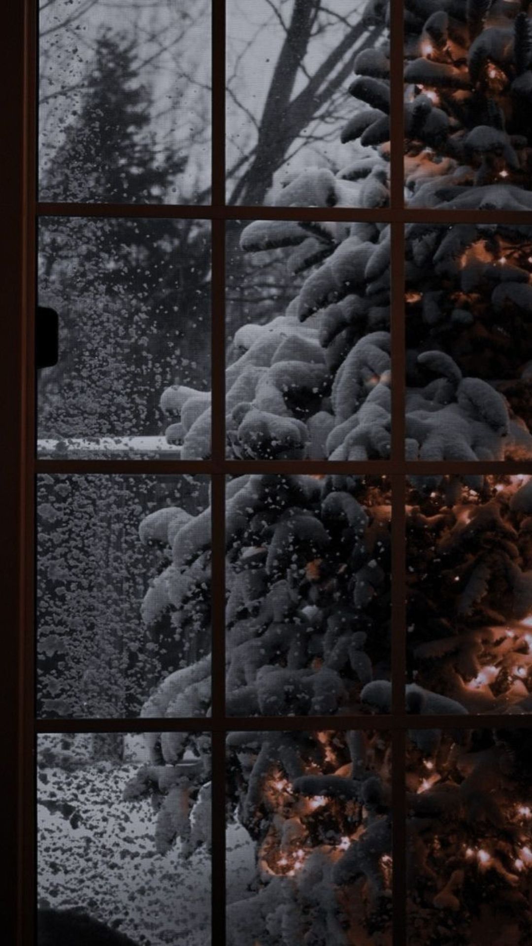 A cozy moody winter iPhone background of snow falling outside a frosted window with a softly lit Christmas tree.