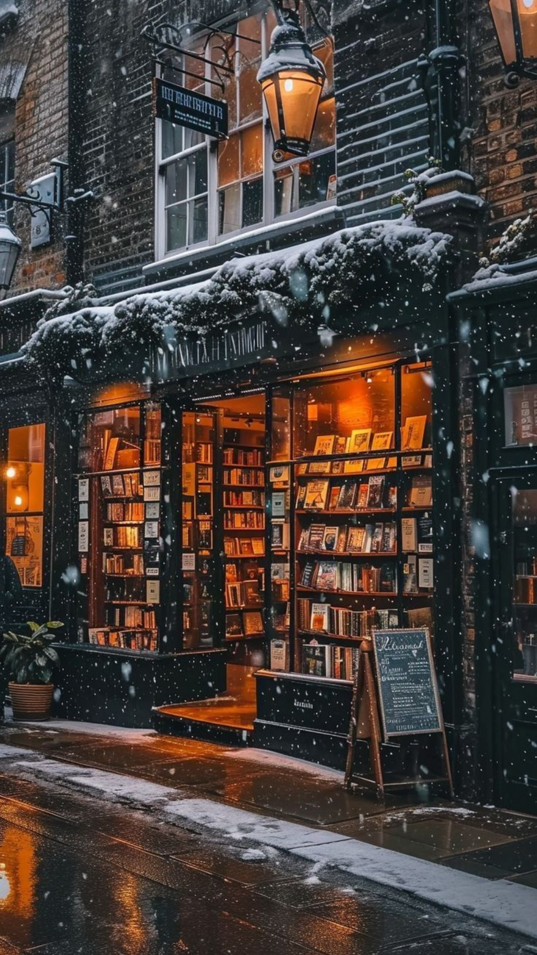 Cozy winter aesthetic wallpaper with a bookstore glowing warmly under snowy street lamps on a winter evening.