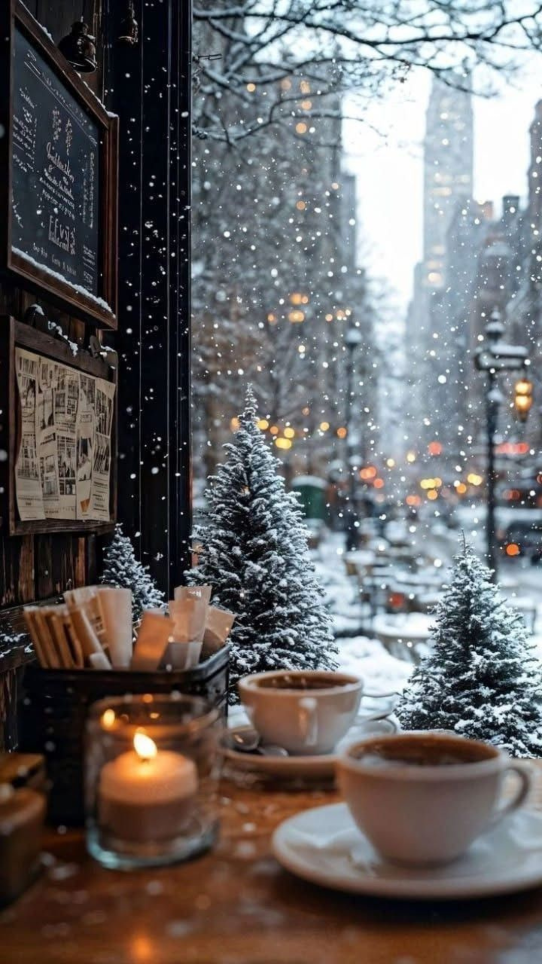 Cozy winter coffee shop aesthetic wallpaper with snow falling outside, steaming coffee cups, and glowing candles by the window.