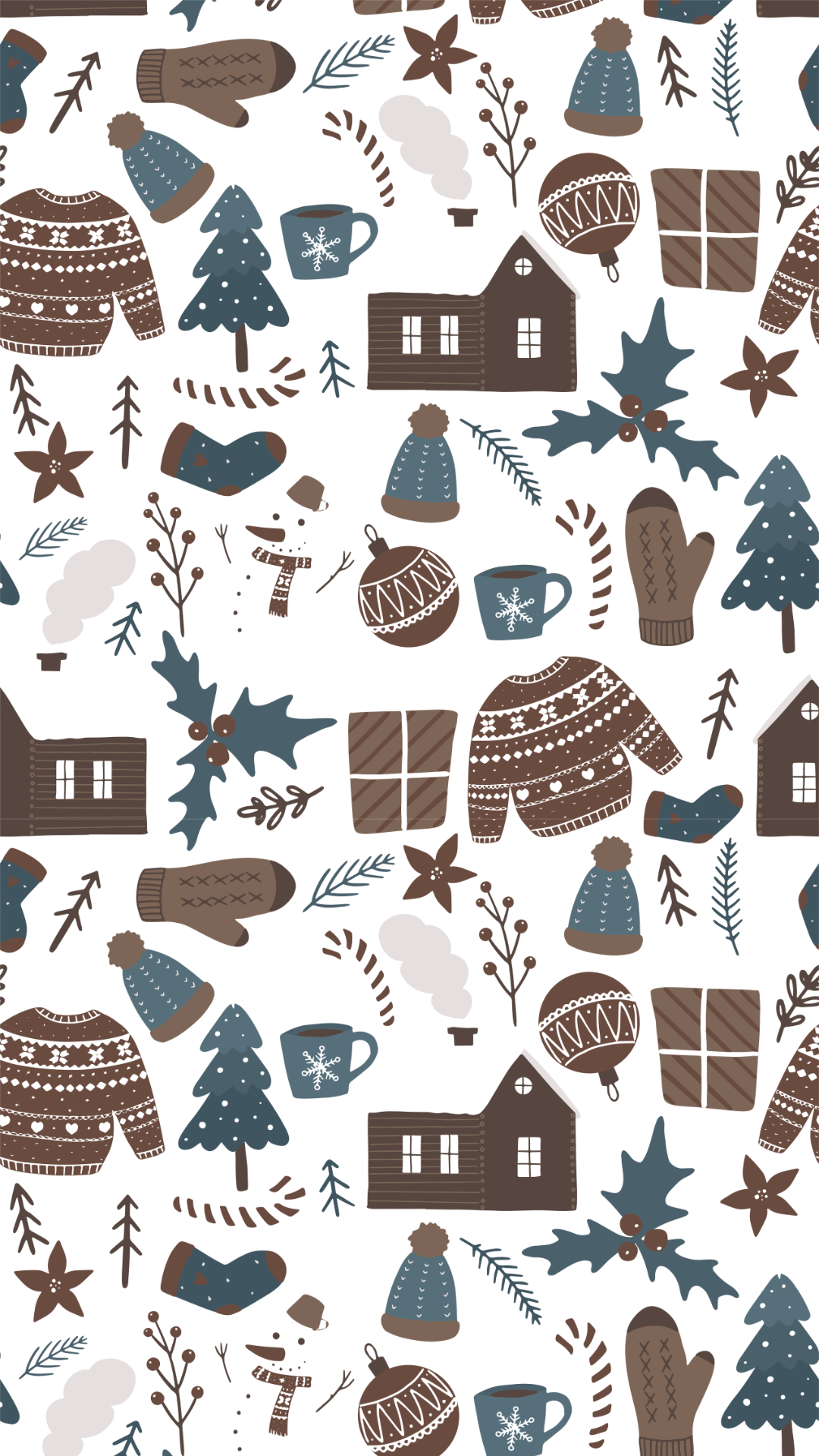 Cozy winter aesthetic wallpaper with illustrated mittens, sweaters, hats, cabins, mugs, and Christmas trees on a white background.