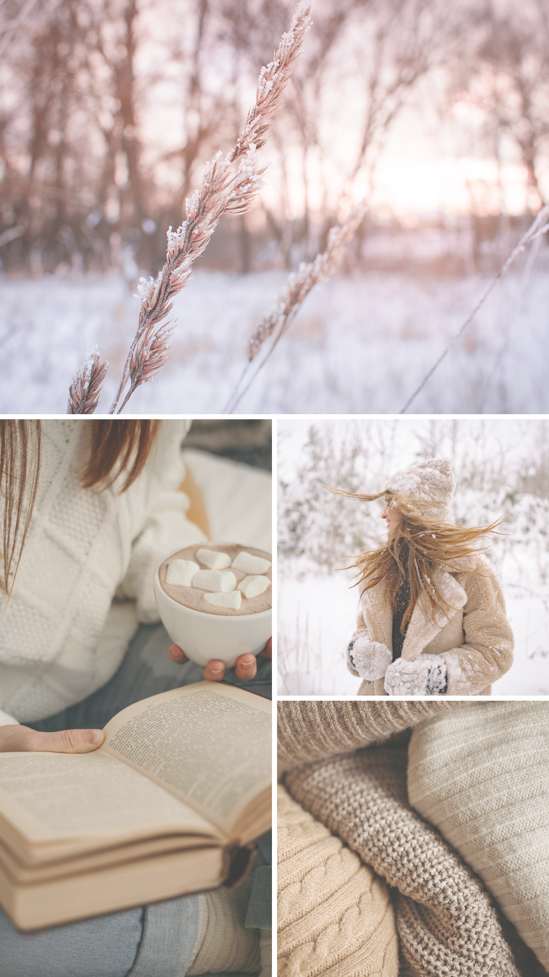 Cozy winter aesthetic collage with snowy field, hot cocoa with marshmallows, reading a book, knit sweaters, and a woman enjoying the snow.