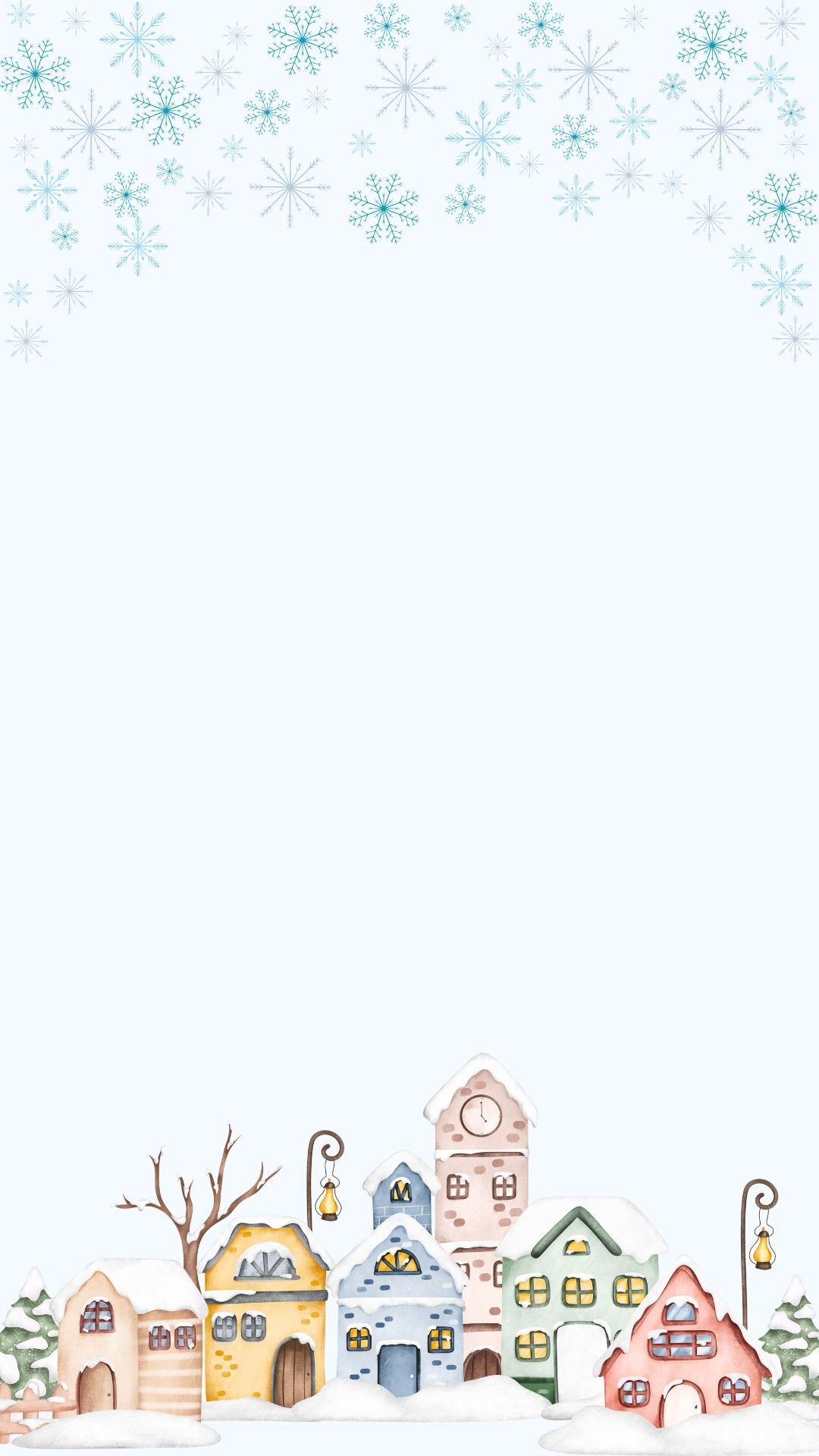 Adorable cozy winter village iPhone wallpaper with pastel snow houses and falling snowflakes.