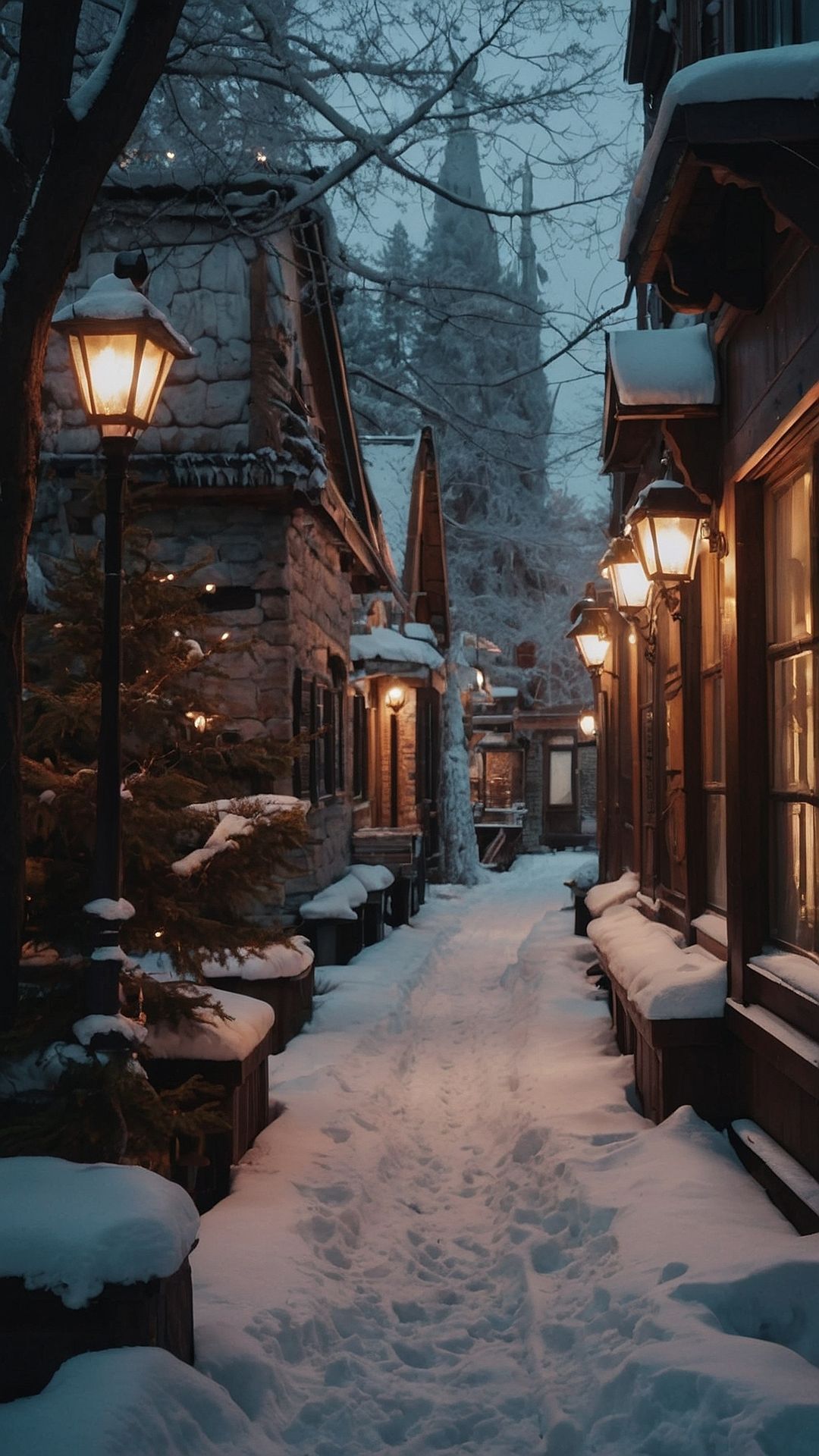 A cozy moody winter iPhone wallpaper of a snowy village street lit by warm glowing lanterns.