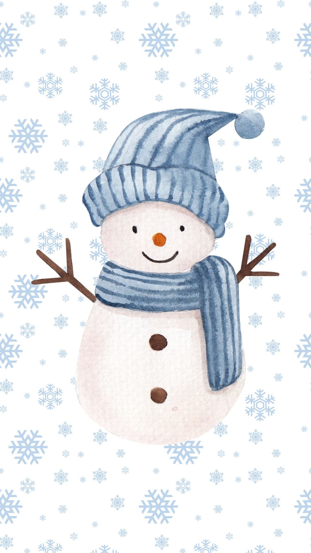 Cute snowman winter iPhone wallpaper with blue hat and scarf and snowflake background.