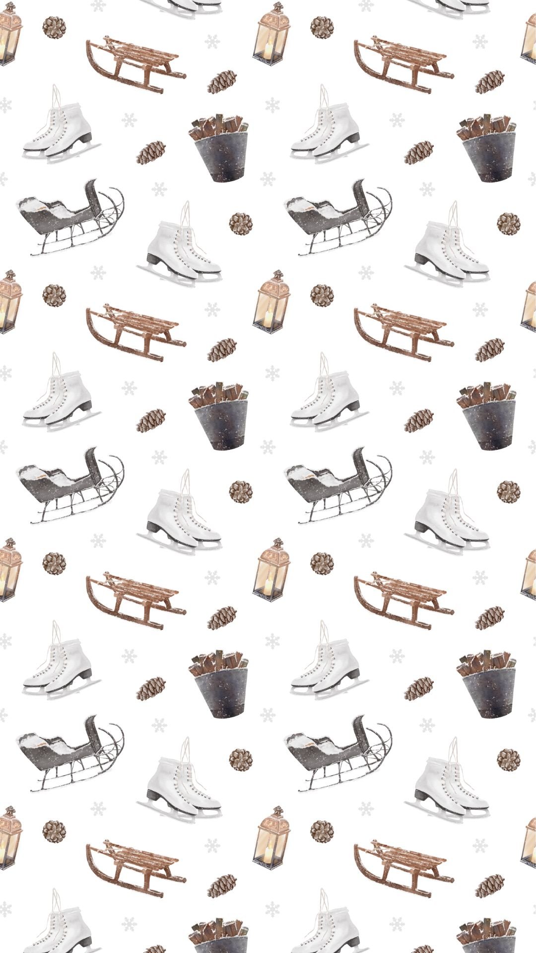 Cute winter iPhone wallpaper with pattern of ice skates, sleds, pinecones, and lanterns.