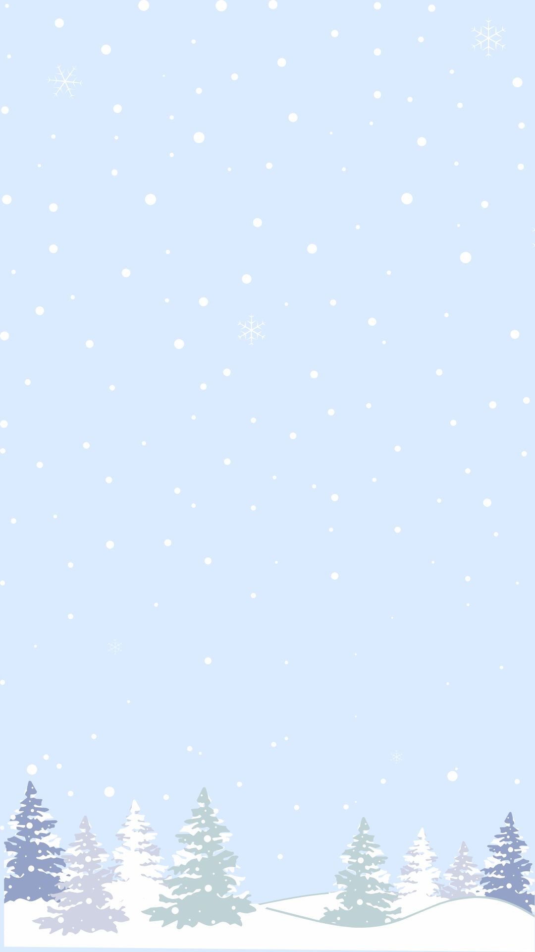 Minimalist wallpaper with pastel blue background, snow falling over winter trees