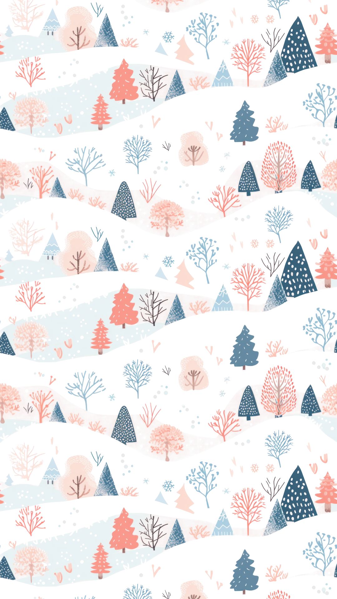 Cute pastel snowy forest iPhone wallpaper with pink and blue trees in winter landscape.