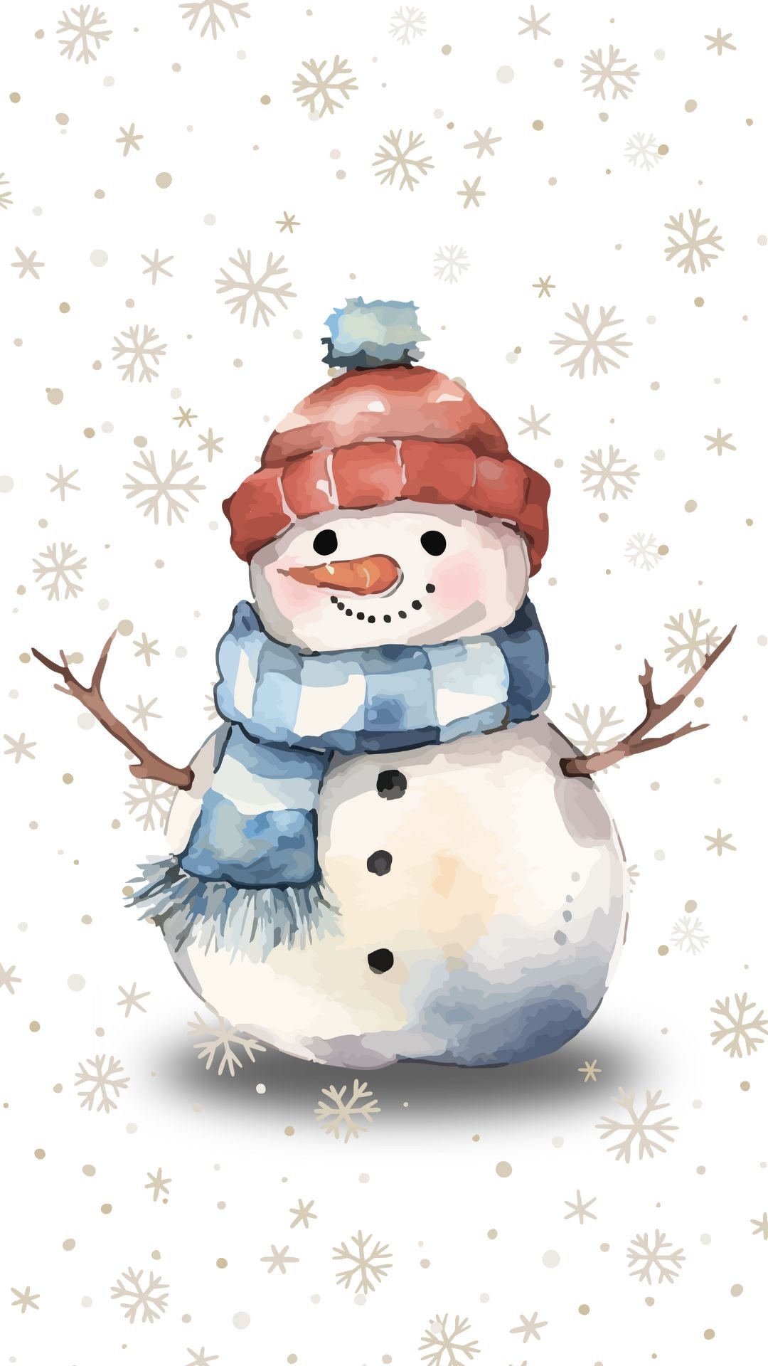 Cute hand-drawn snowman iPhone wallpaper with red hat, blue scarf, and falling snowflakes.