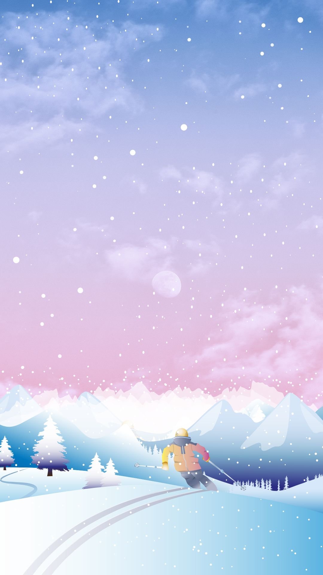 Aesthetic cute winter iPhone wallpaper with skier in snowy pink and blue mountains.