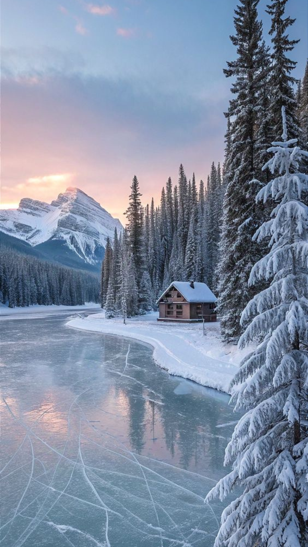 Cozy cabin by a frozen lake surrounded by snow-covered pine trees and mountains at sunset, a scenic winter iPhone wallpaper.