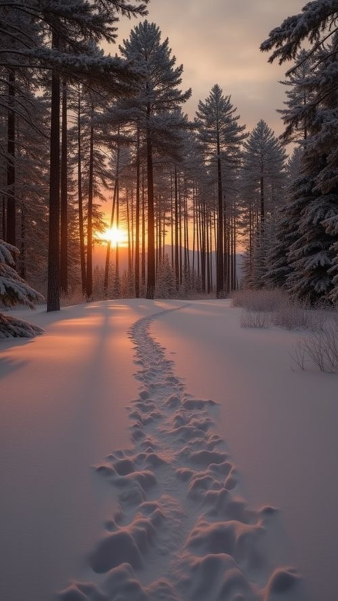 Footprints in fresh snow leading through a pine forest at sunset, a peaceful and glowing winter iPhone wallpaper.