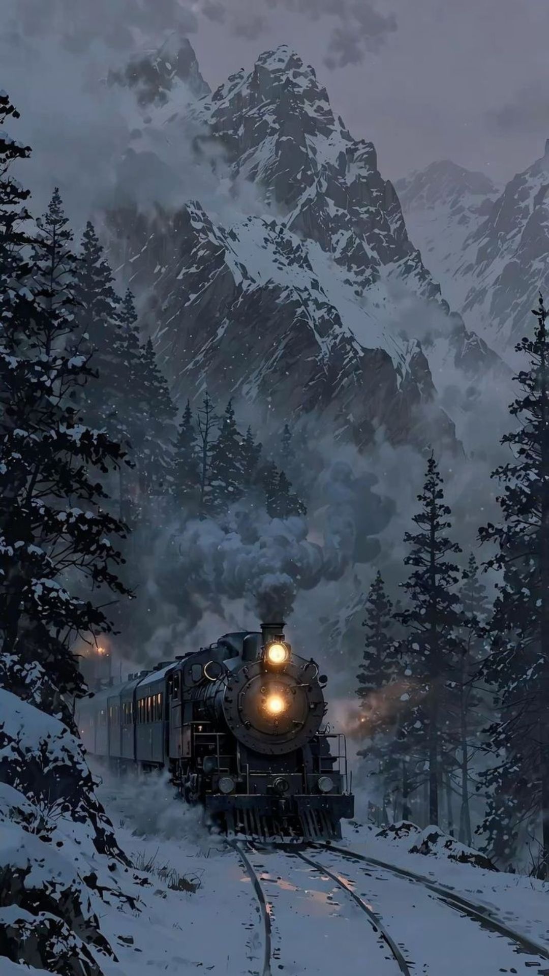 A vintage steam train traveling through snowy mountains in a moody winter iPhone wallpaper with dark pine trees.