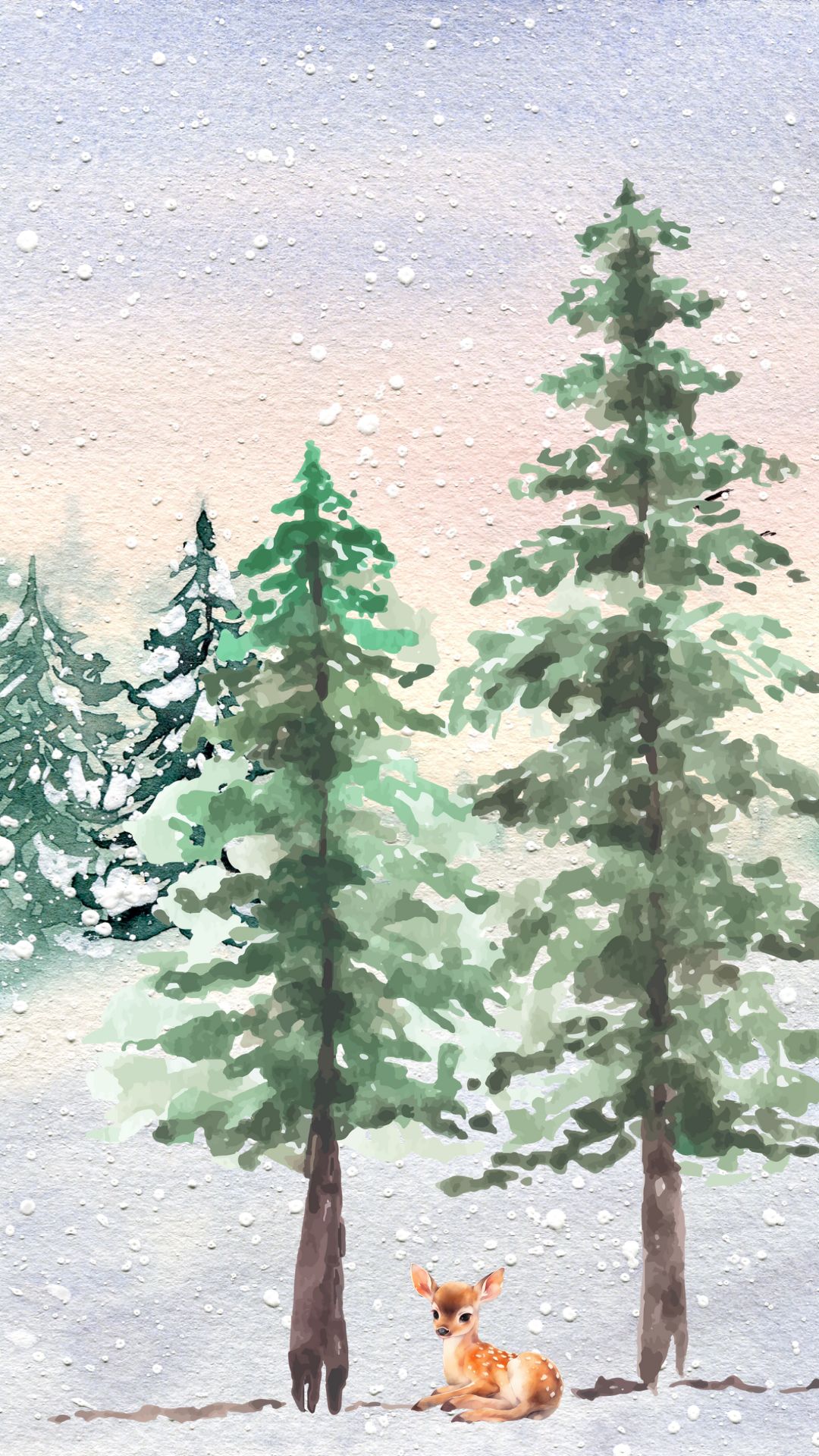 Cute watercolor winter iPhone wallpaper with deer sitting under snowy pine trees.