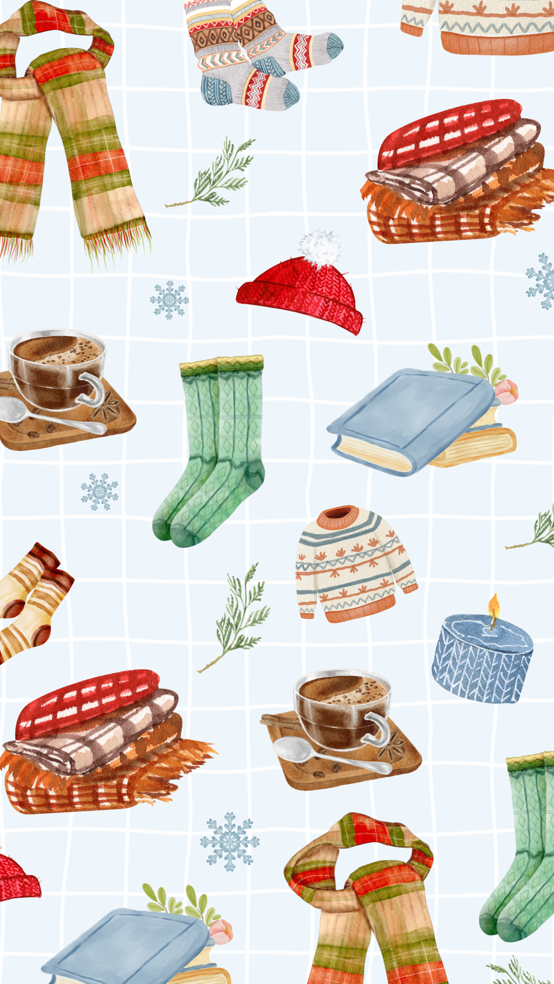 Cute cozy winter aesthetic wallpaper illustration with scarves, mittens, socks, sweaters, books, and hot cocoa doodles.