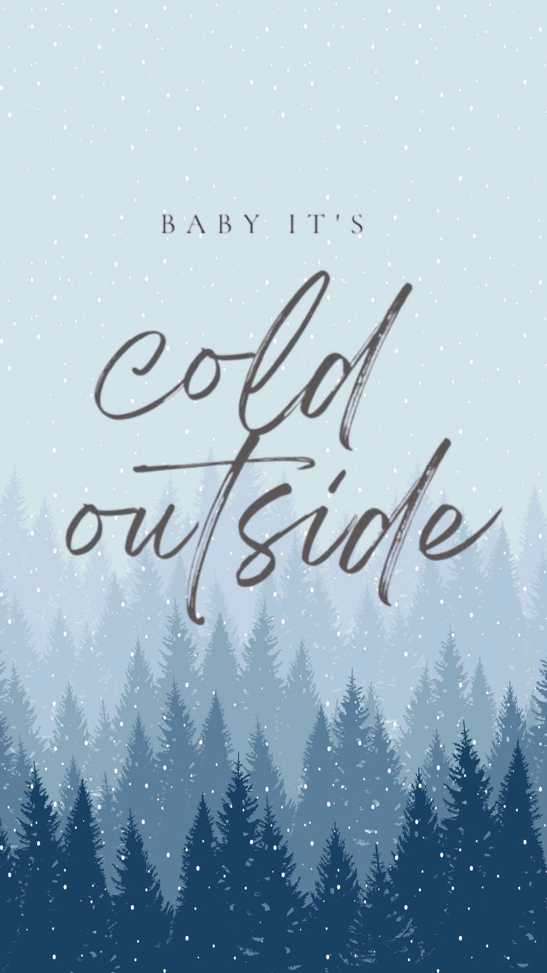 Minimal snowy pine tree illustration with falling snow and winter quote overlay: 