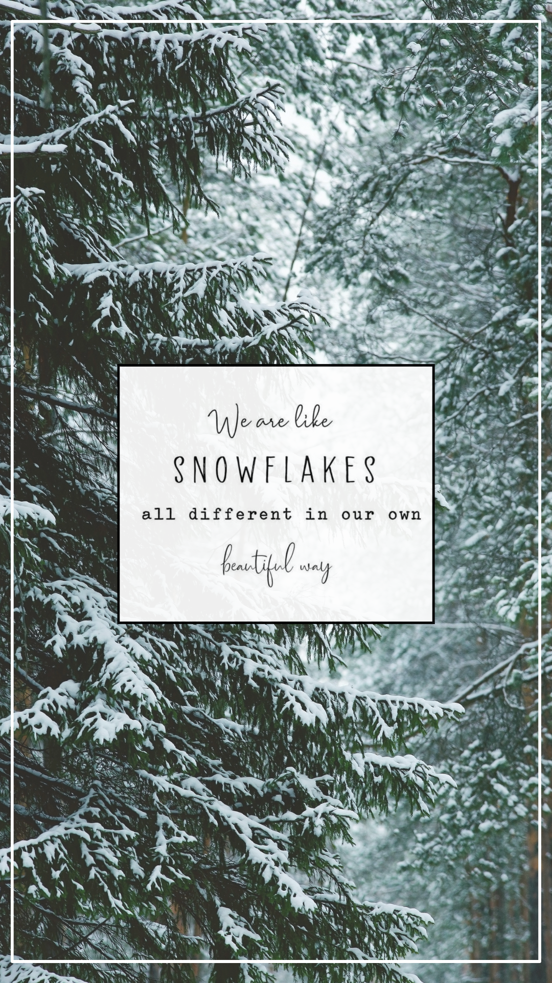 Snow-covered pine branches with inspirational winter quote overlay: 