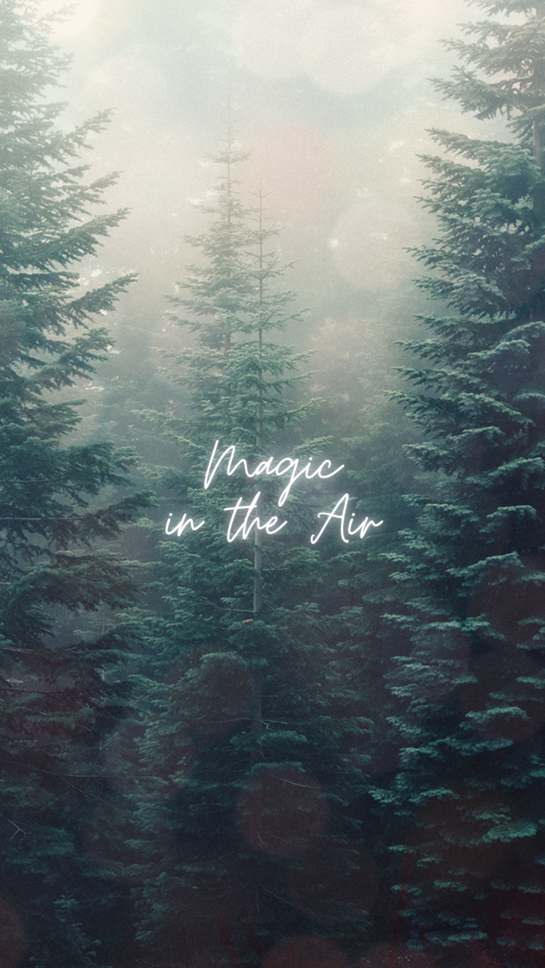 Misty evergreen forest with dreamy bokeh effect and winter quote overlay: “Magic in the Air,” an aesthetic iPhone wallpaper.