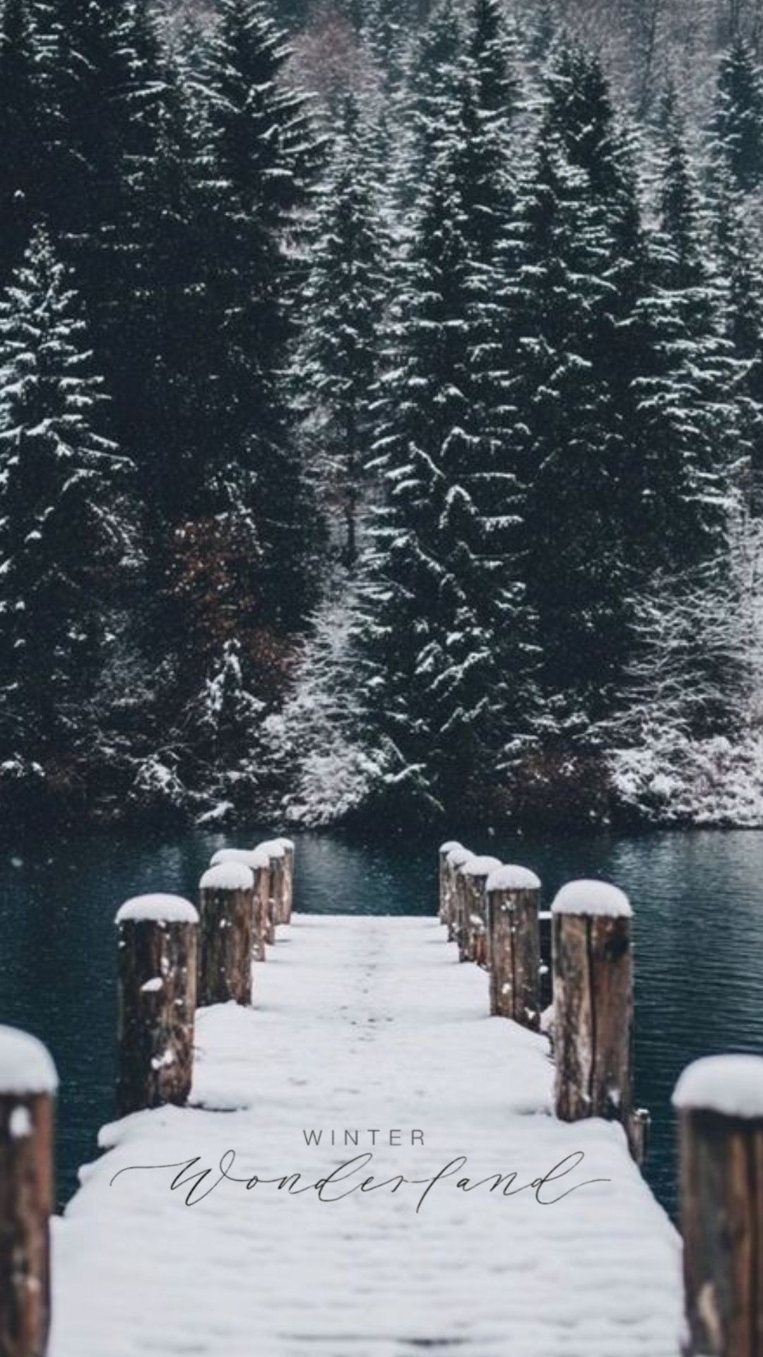 Snow-covered wooden dock leading to a lake with pine trees, featuring the aesthetic winter quote 