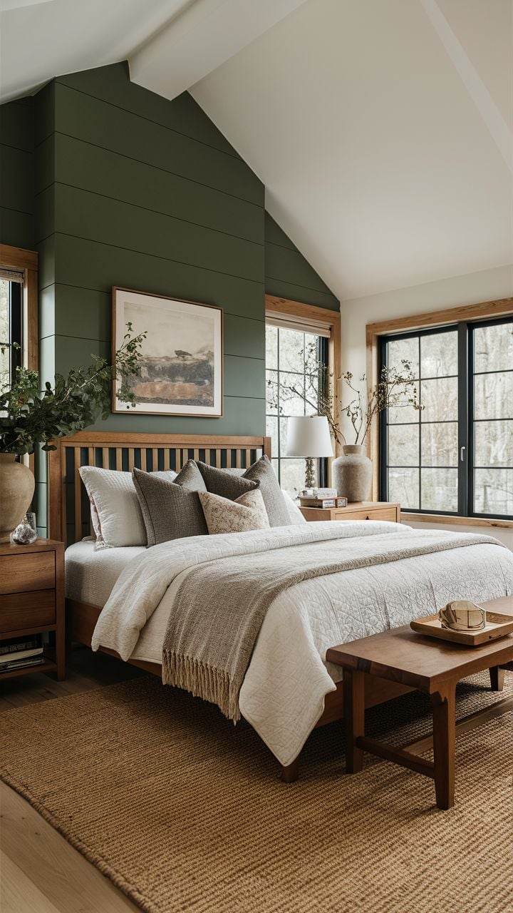 Bedroom with dark green shiplap accent wall, vaulted ceiling, wood furniture, layered neutral bedding, and black window frames.