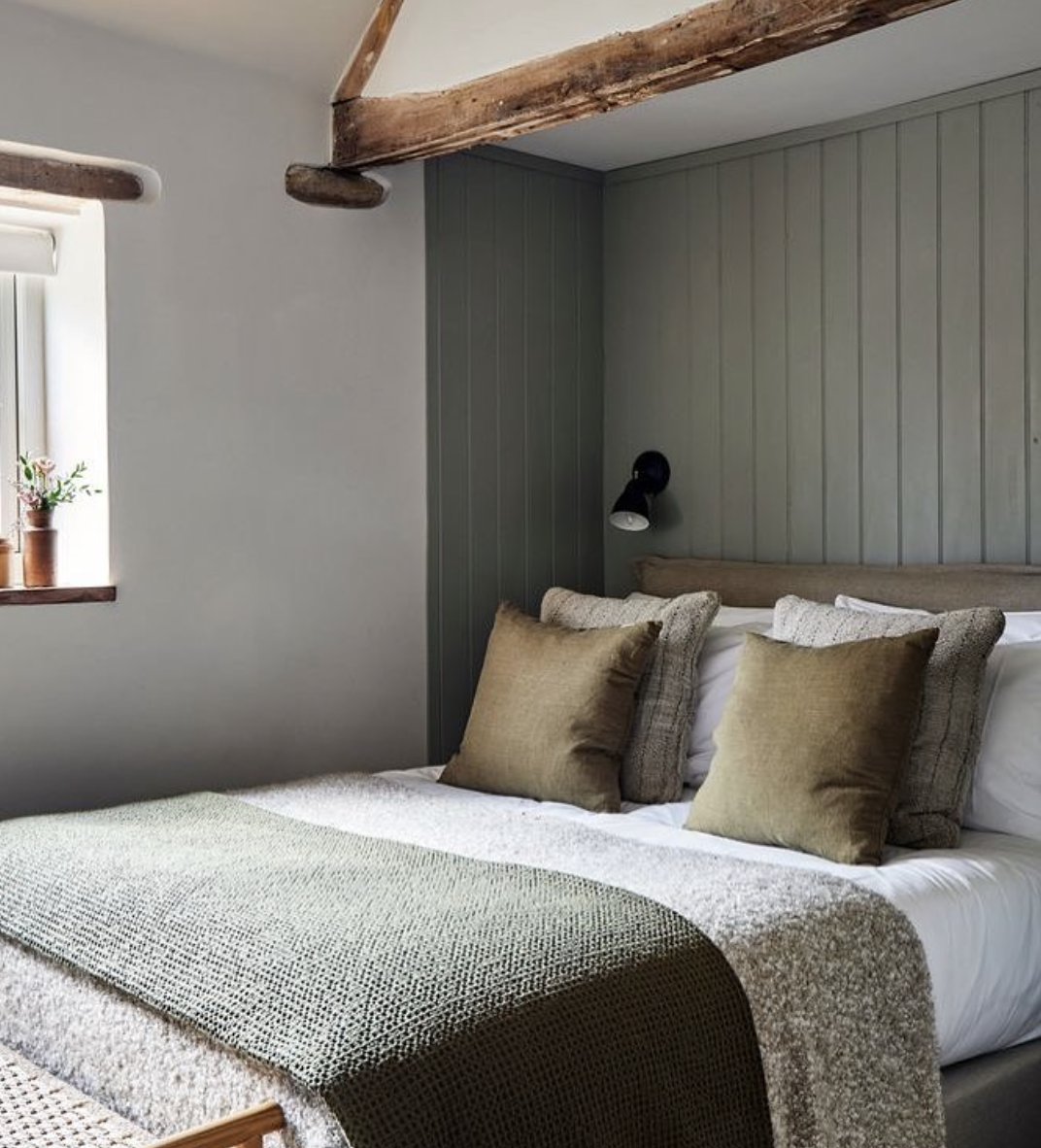 Cozy bedroom with sage green vertical shiplap accent wall, neutral bedding, and rustic exposed wood ceiling beams.