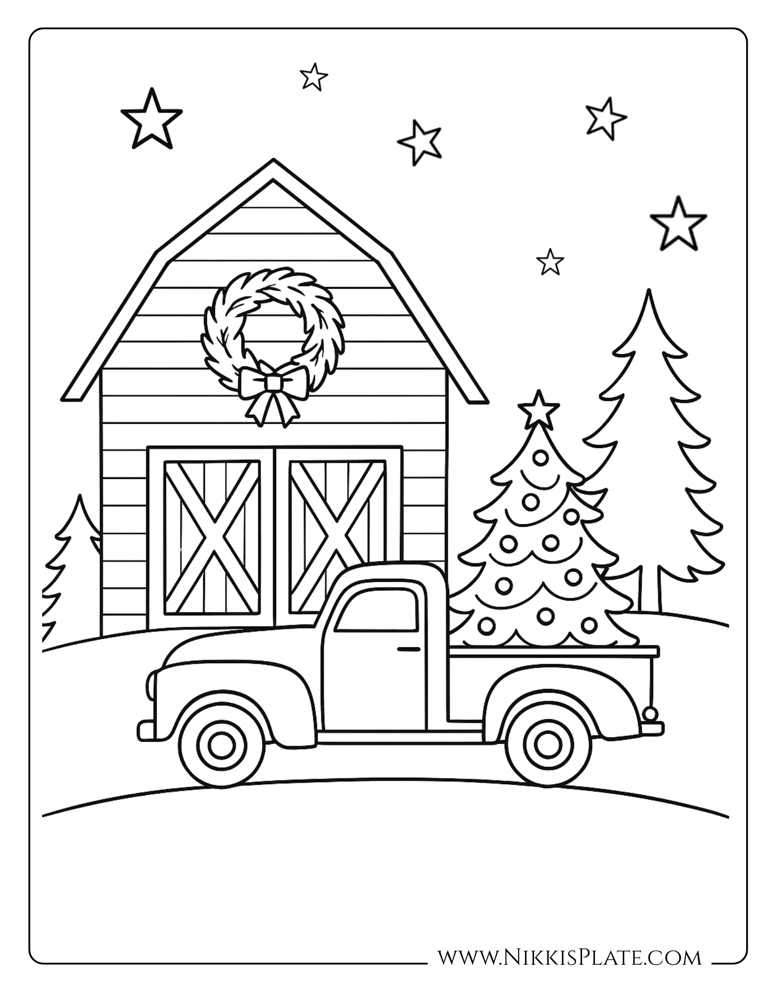 Farmhouse Christmas barn coloring page with vintage truck and decorated Christmas tree.