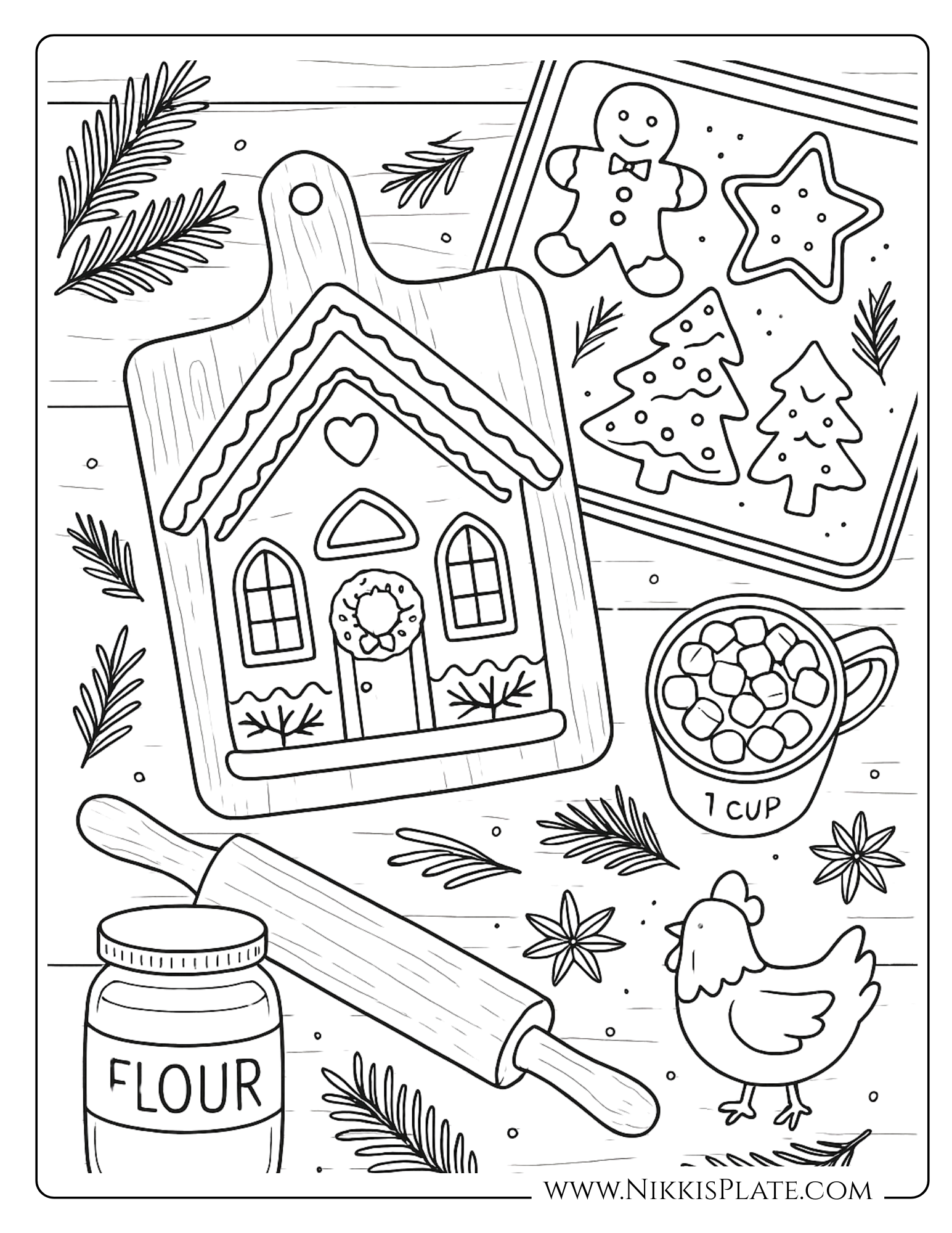 Farmhouse gingerbread cookie Christmas coloring page with baking tray, rolling pin, and hot cocoa.