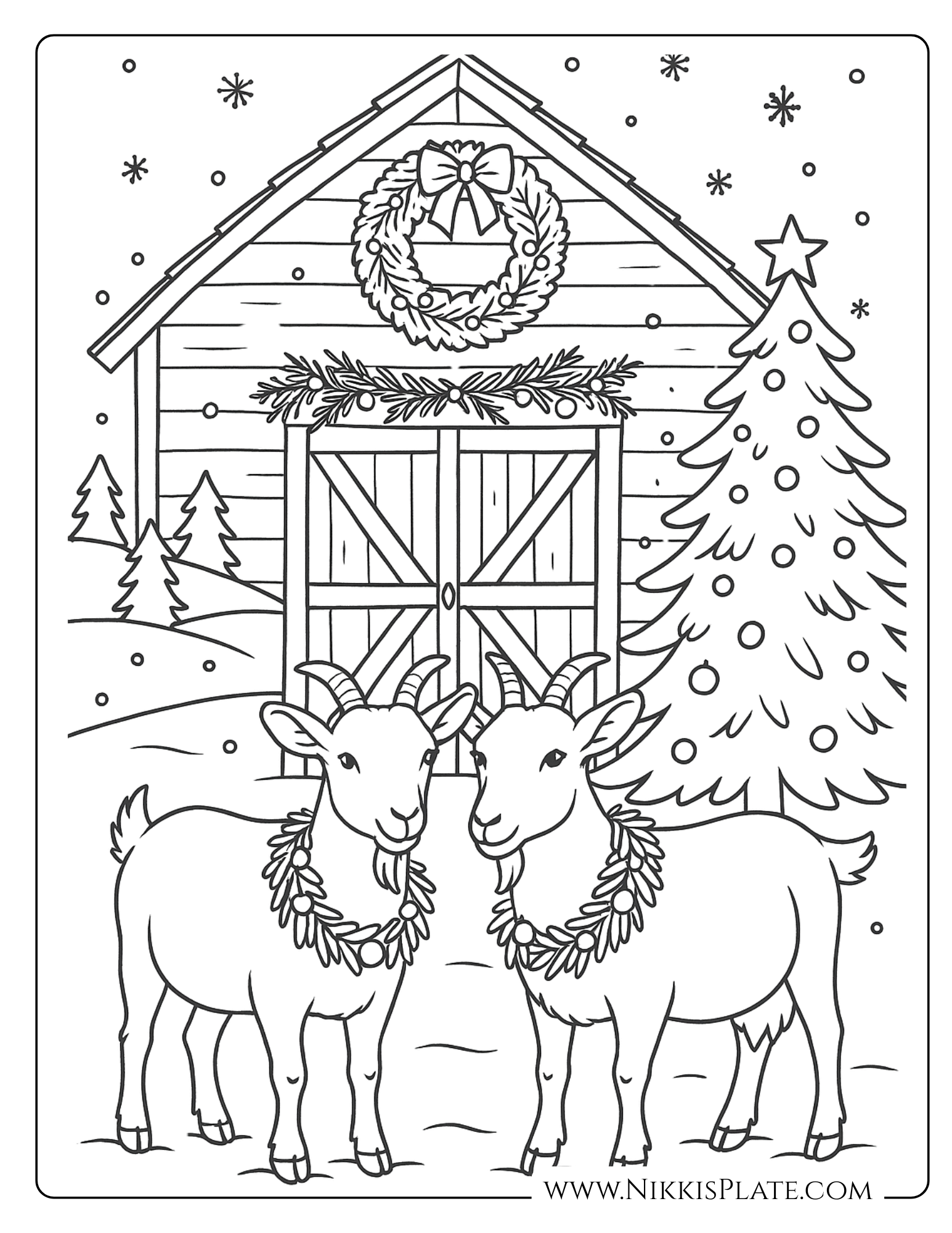 Two farmhouse goats wearing Christmas garlands in front of a decorated barn and Christmas tree.