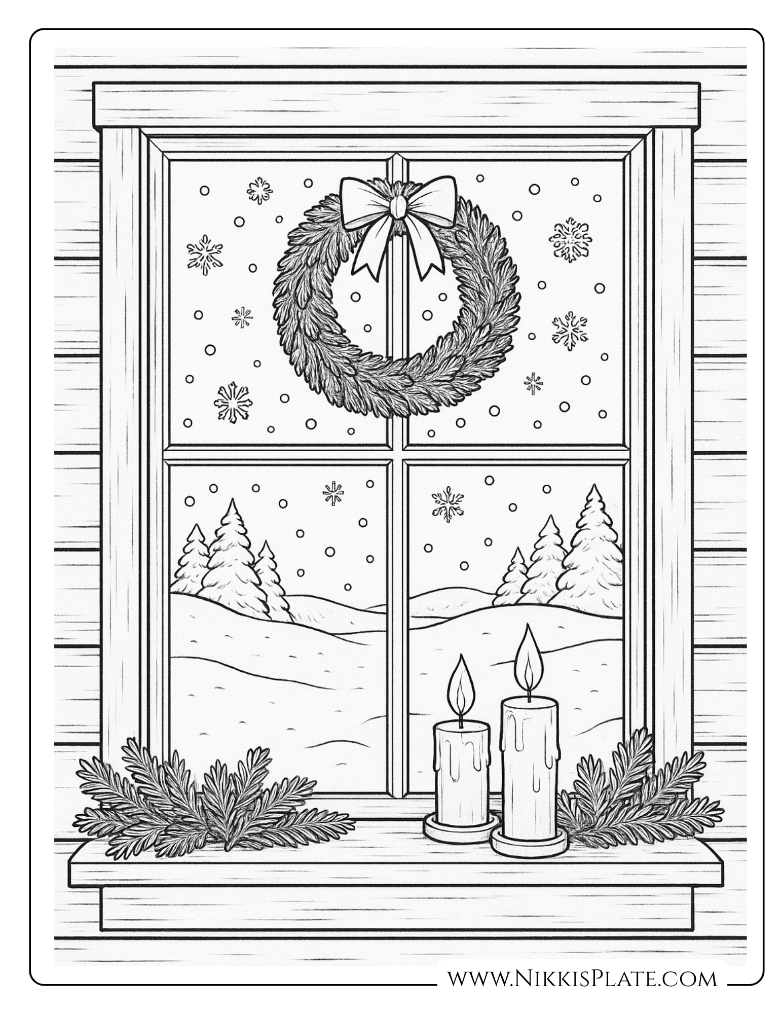 Cozy farmhouse window Christmas coloring page with candles, wreath, falling snow, and pine trees.
