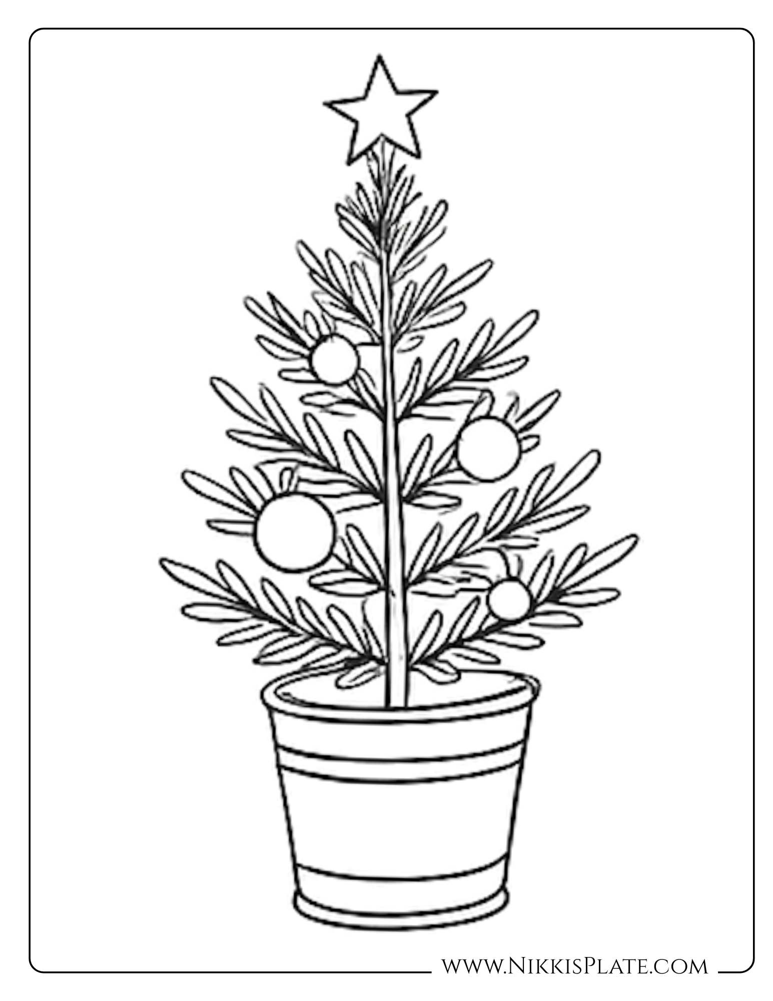 Simple farmhouse Christmas tree coloring page with a star on top and round ornaments, displayed in a rustic pot.