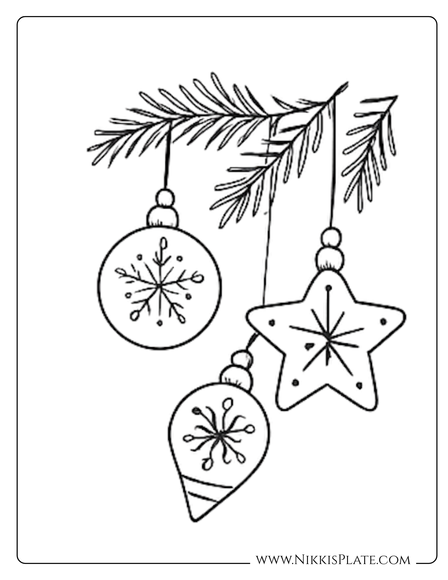 Farmhouse Christmas ornament coloring page with hanging star, bulb, and round ornaments on pine greenery.