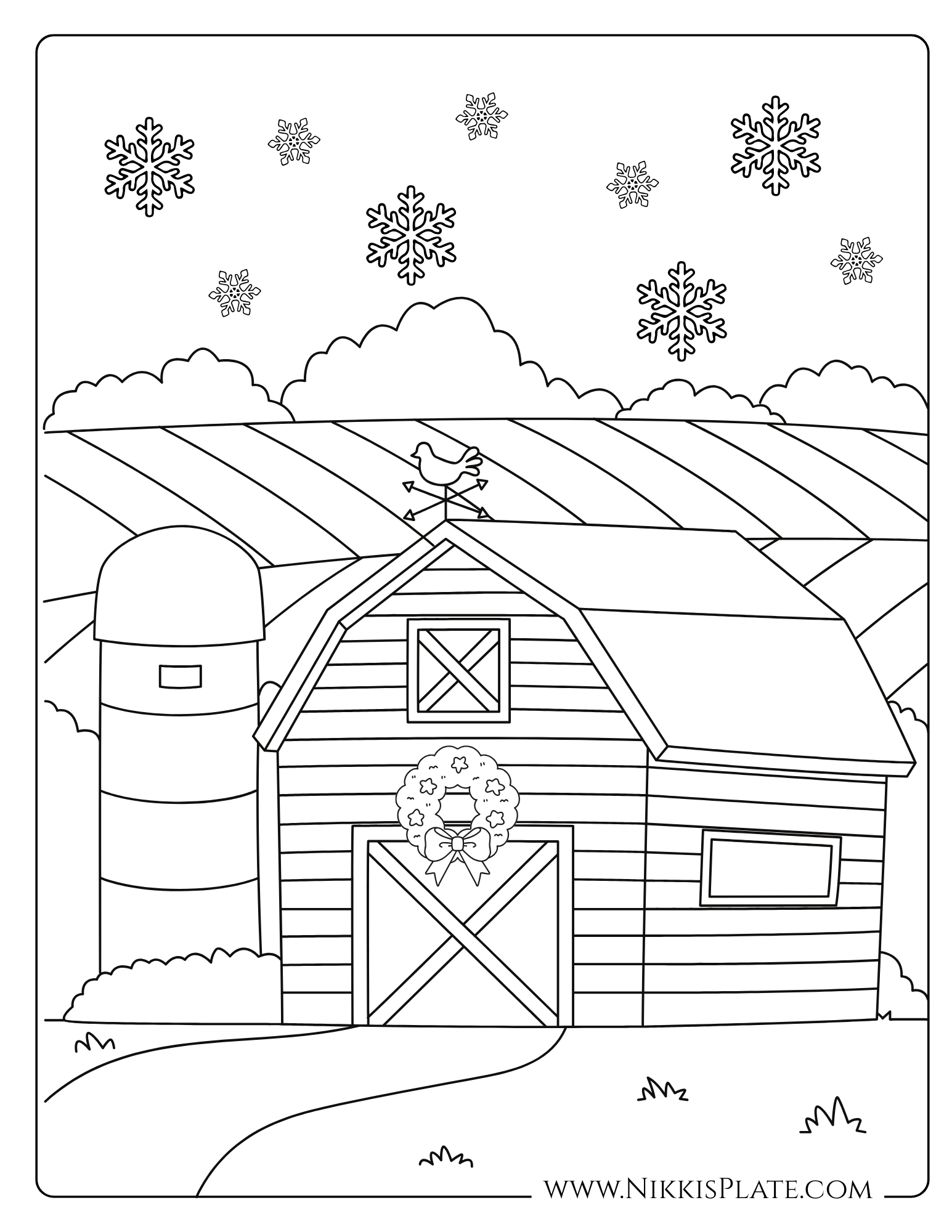 Rustic farmhouse barn and silo Christmas coloring page with snowy fields and falling snowflakes.