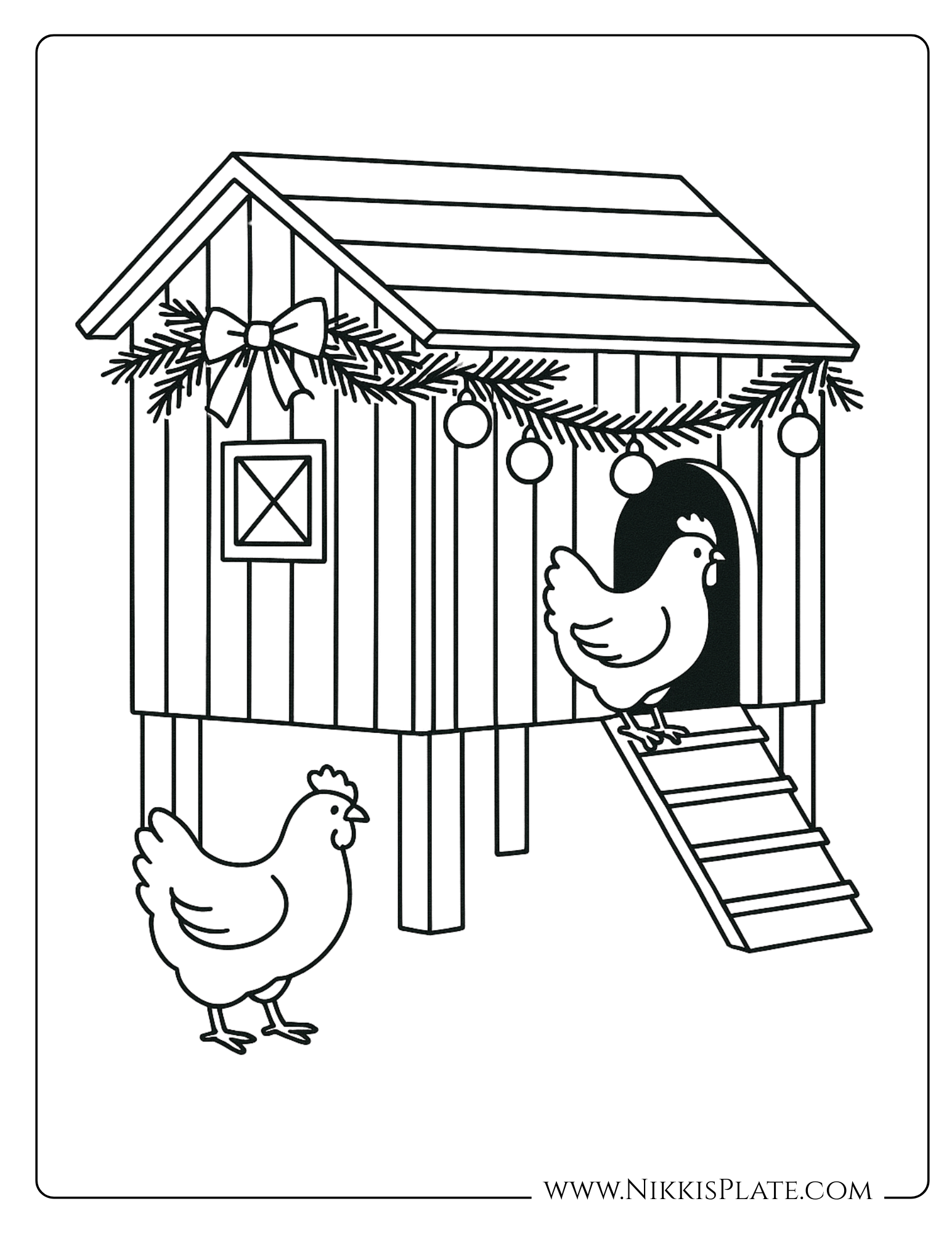 Farmhouse chicken coop Christmas coloring page with garland, bows, and two chickens.