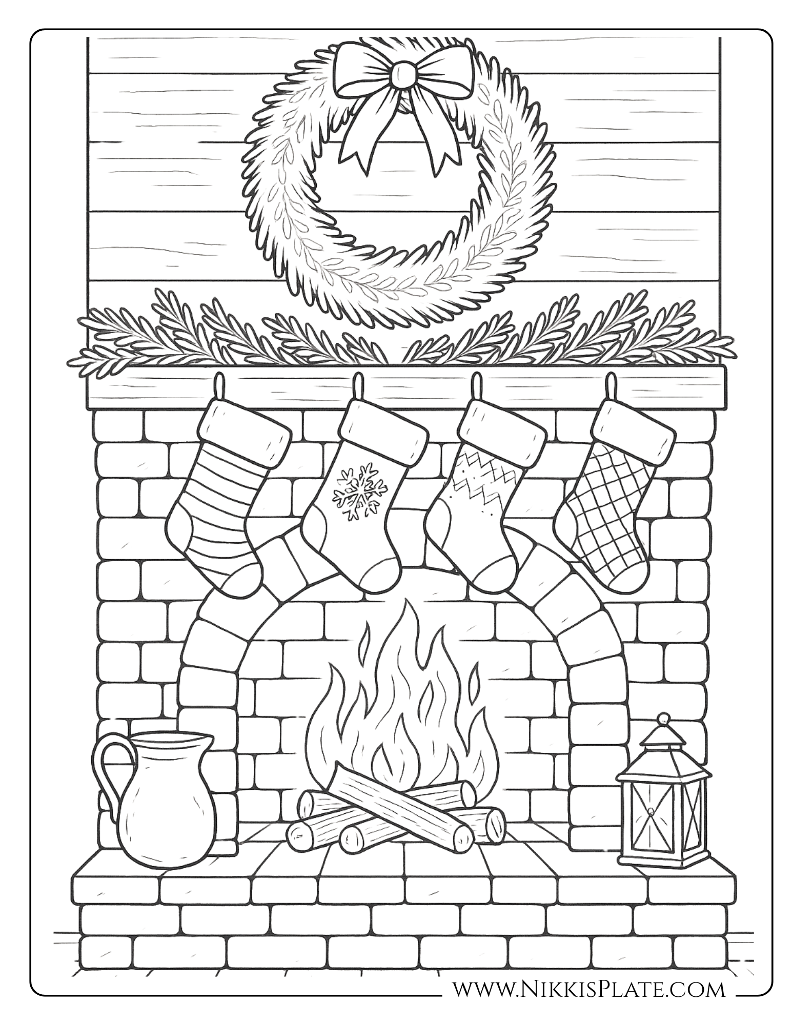Farmhouse Christmas fireplace coloring page with a brick hearth, hanging stockings, a large wreath, garland, burning fire, lantern, and rustic holiday decor.