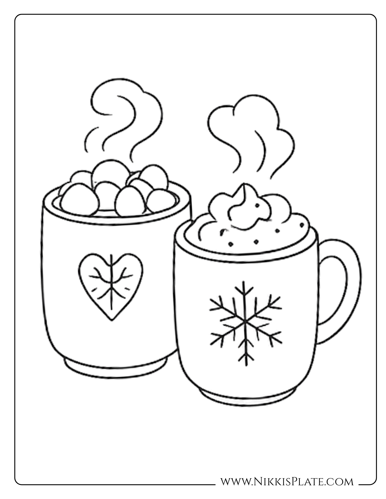 Cute Christmas coloring page with two steaming hot cocoa mugs decorated with holiday designs.