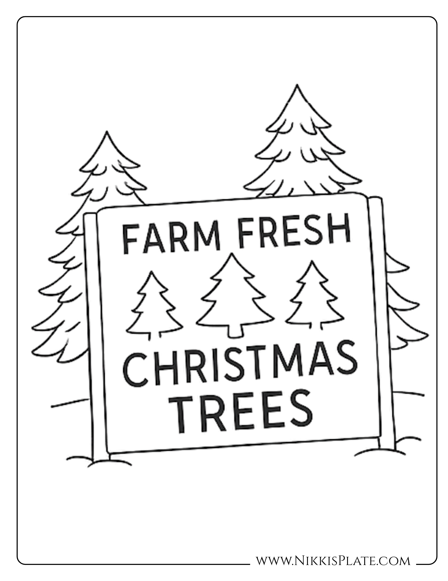 Farm fresh Christmas trees sign coloring page with pine trees and snowy winter background.