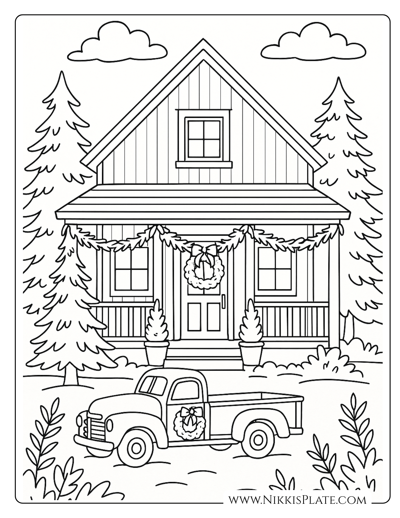Rustic farmhouse Christmas porch coloring page with wreath, truck, garland, and winter trees.